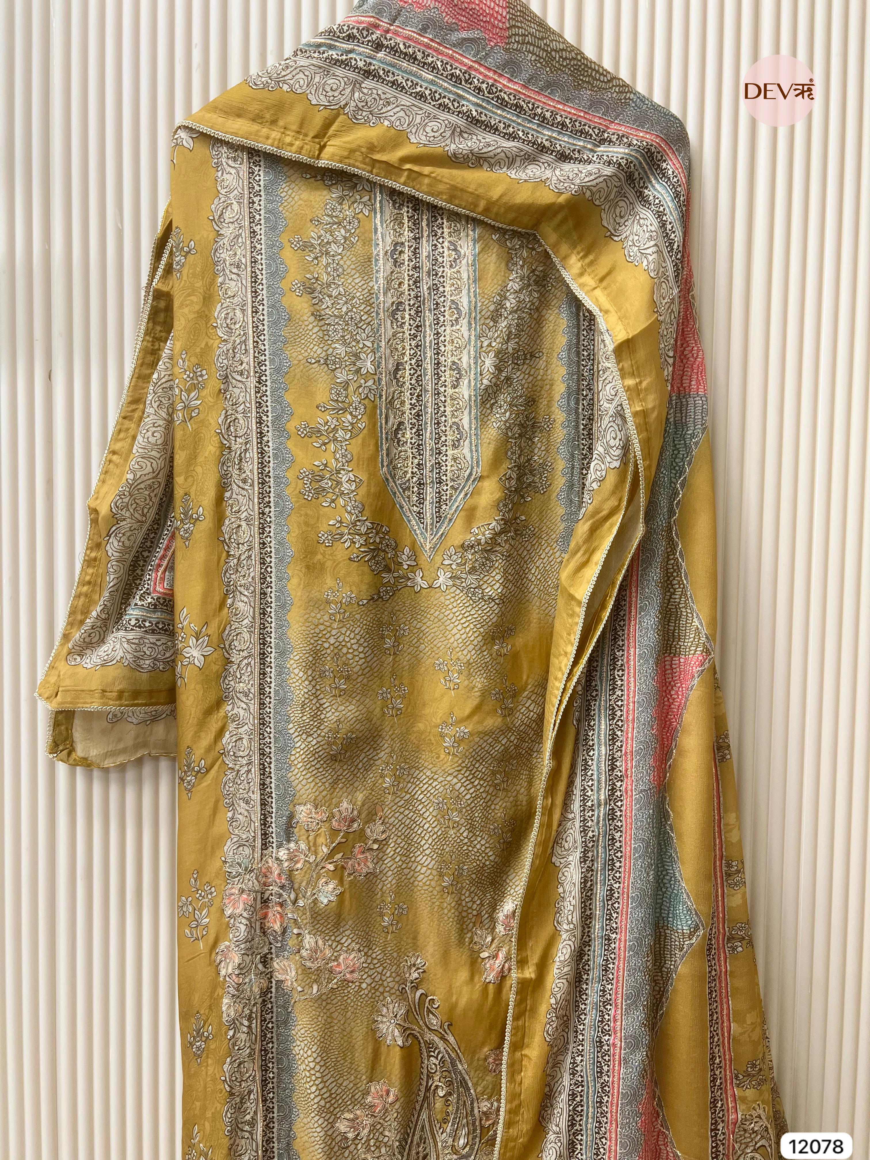 Yellow Pure Muslin Unstitched Printed With Hand Zardosi Embroidery -Set Of 3 - {12078}