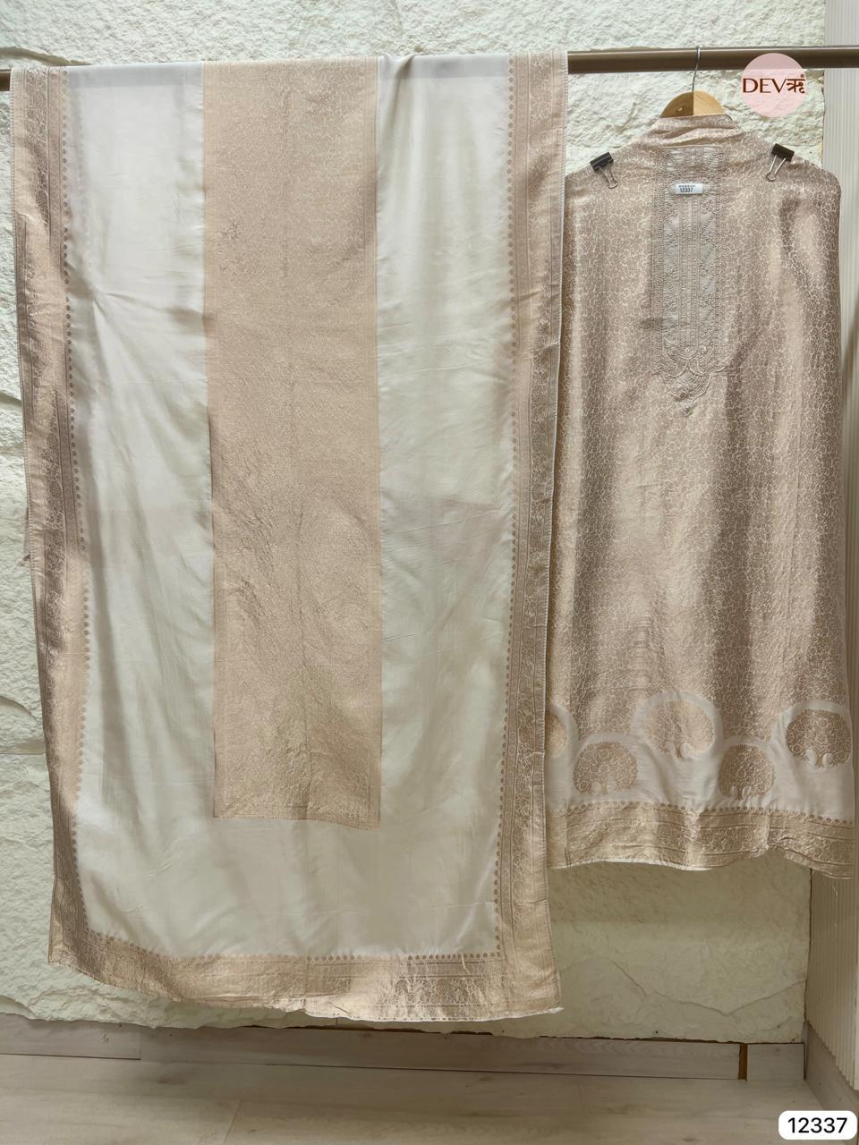 Ivory Beige Pure Banarasi Silk Embroidered Unstitched 3-Piece Suit (Devri – D.No 12337)