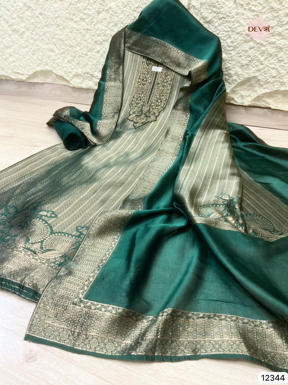 Teal Green Pure Banarasi Silk Woven Unstitched 3-Piece Suit (Devri – D.No 12344)