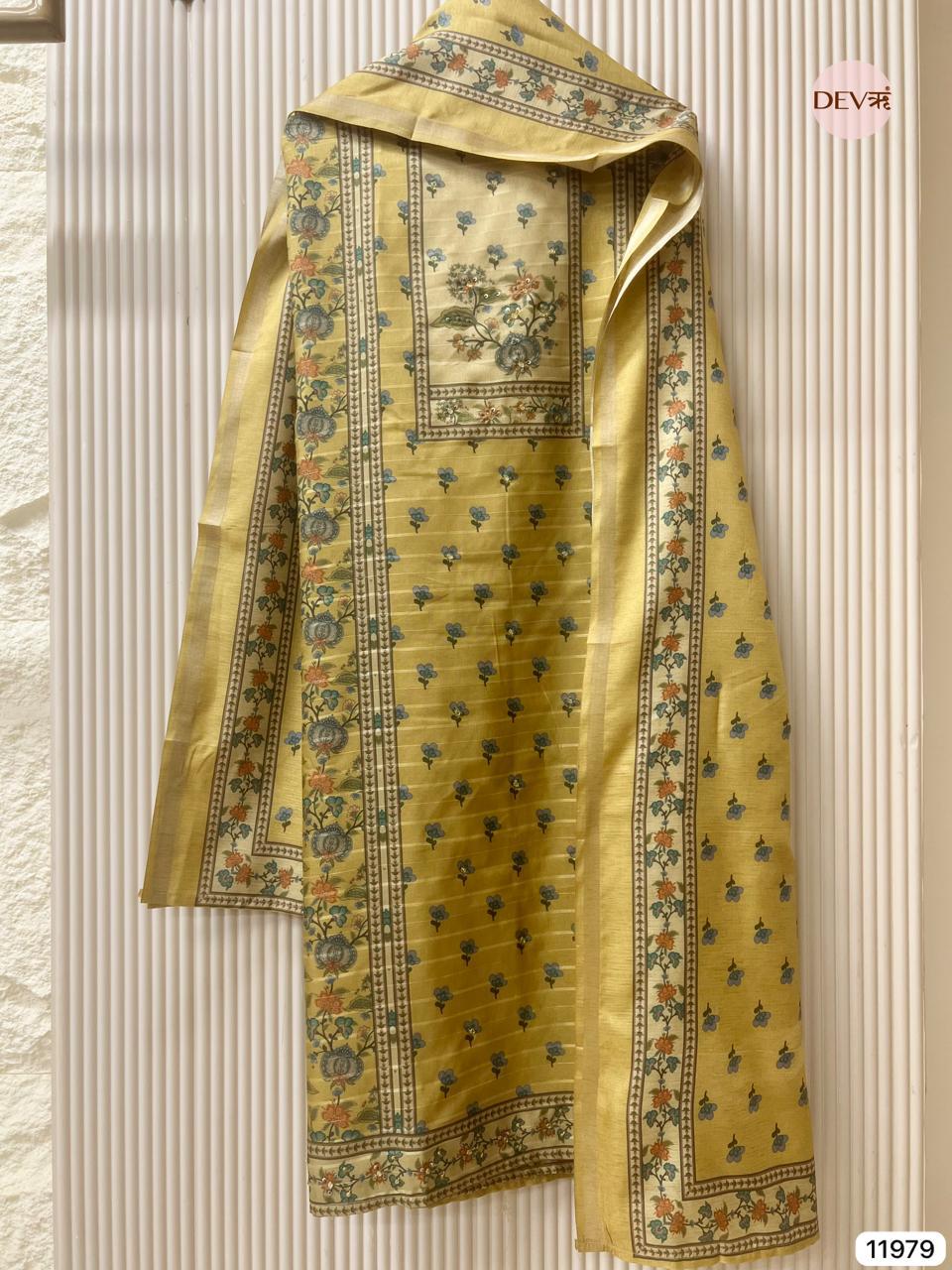 Mustard Pure Tusser Silk Printed Unstitched 3-Piece Suit (Devri – D.No 11979)