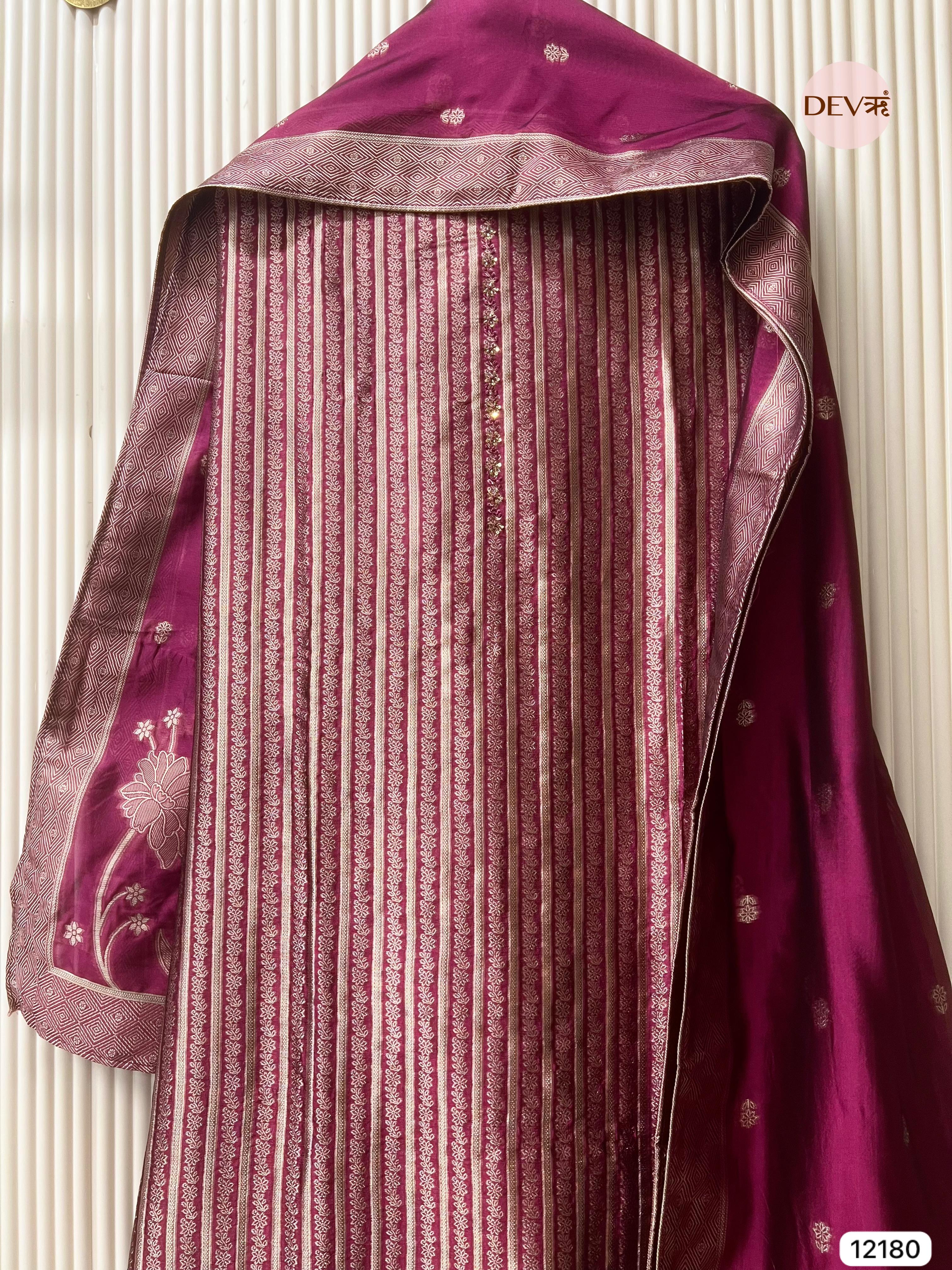 Maroon Pure Banarasi Silk Unstitched Hand Embroidered-Set of 3 - {12180}