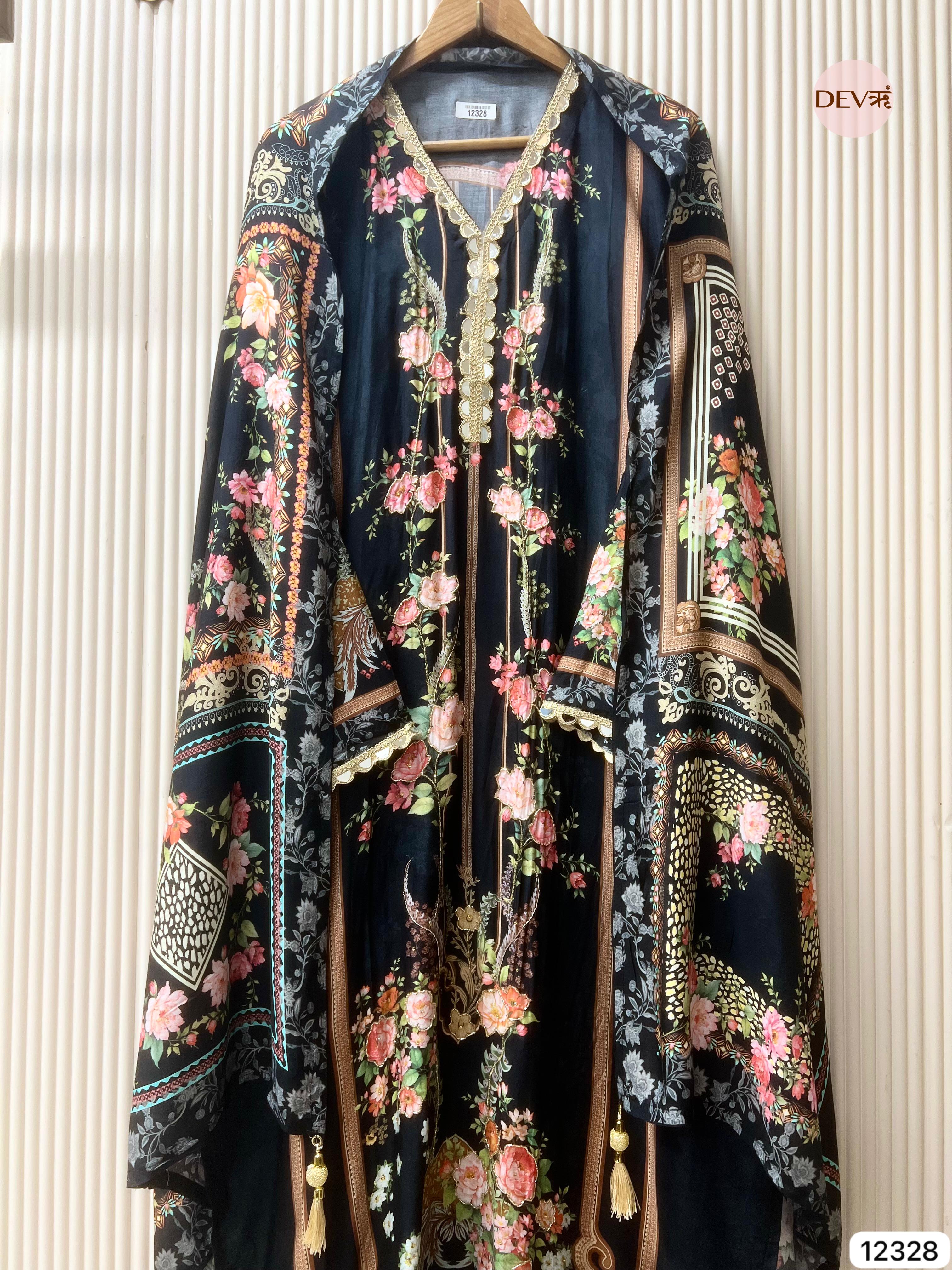 Deep Navy Muslin Printed Unstitched 3-Piece Suit (Devri – D.No 12328)