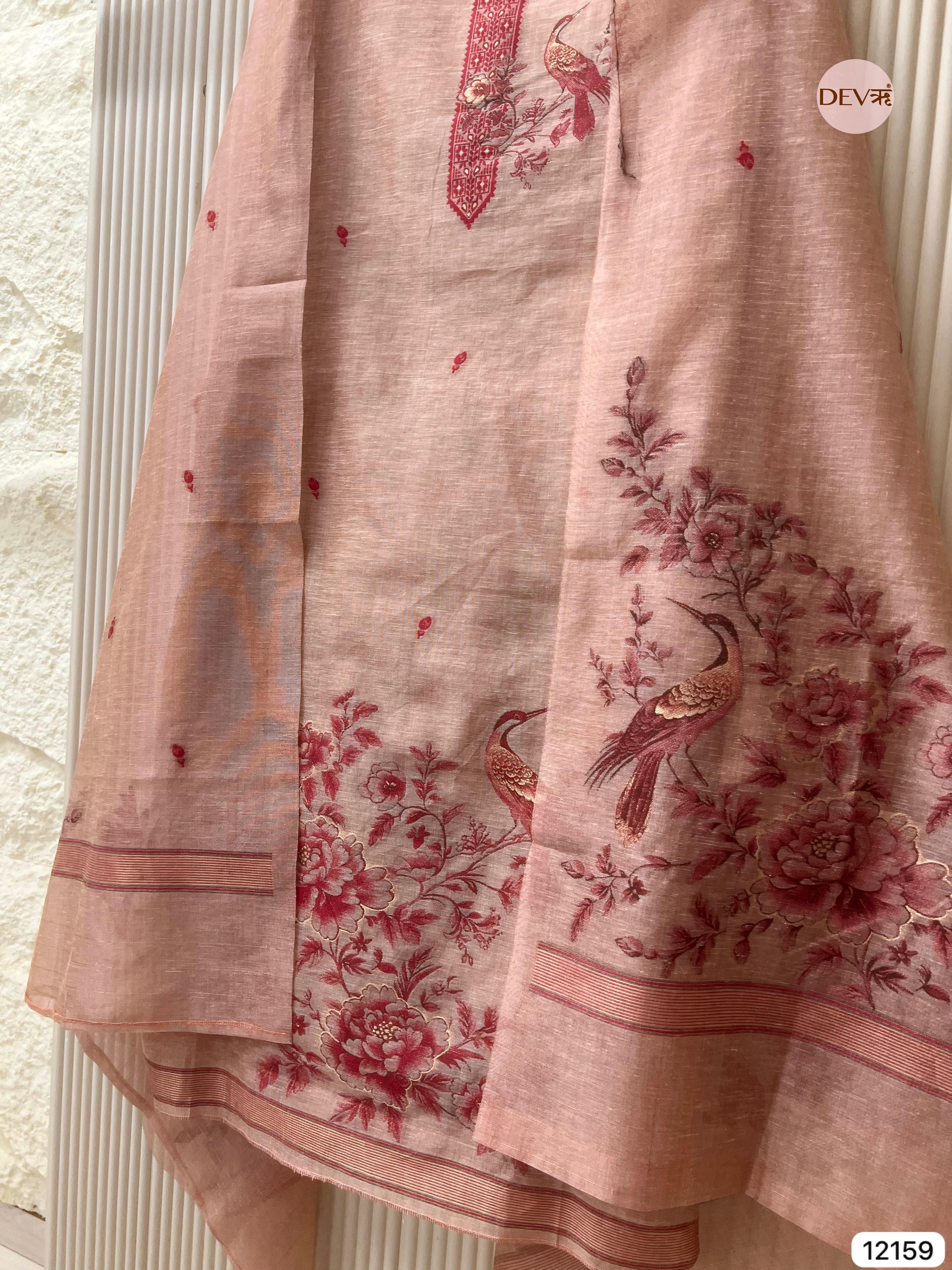 {12159} Peach Pure Jamdani Linen Unstitched - Set Of 3