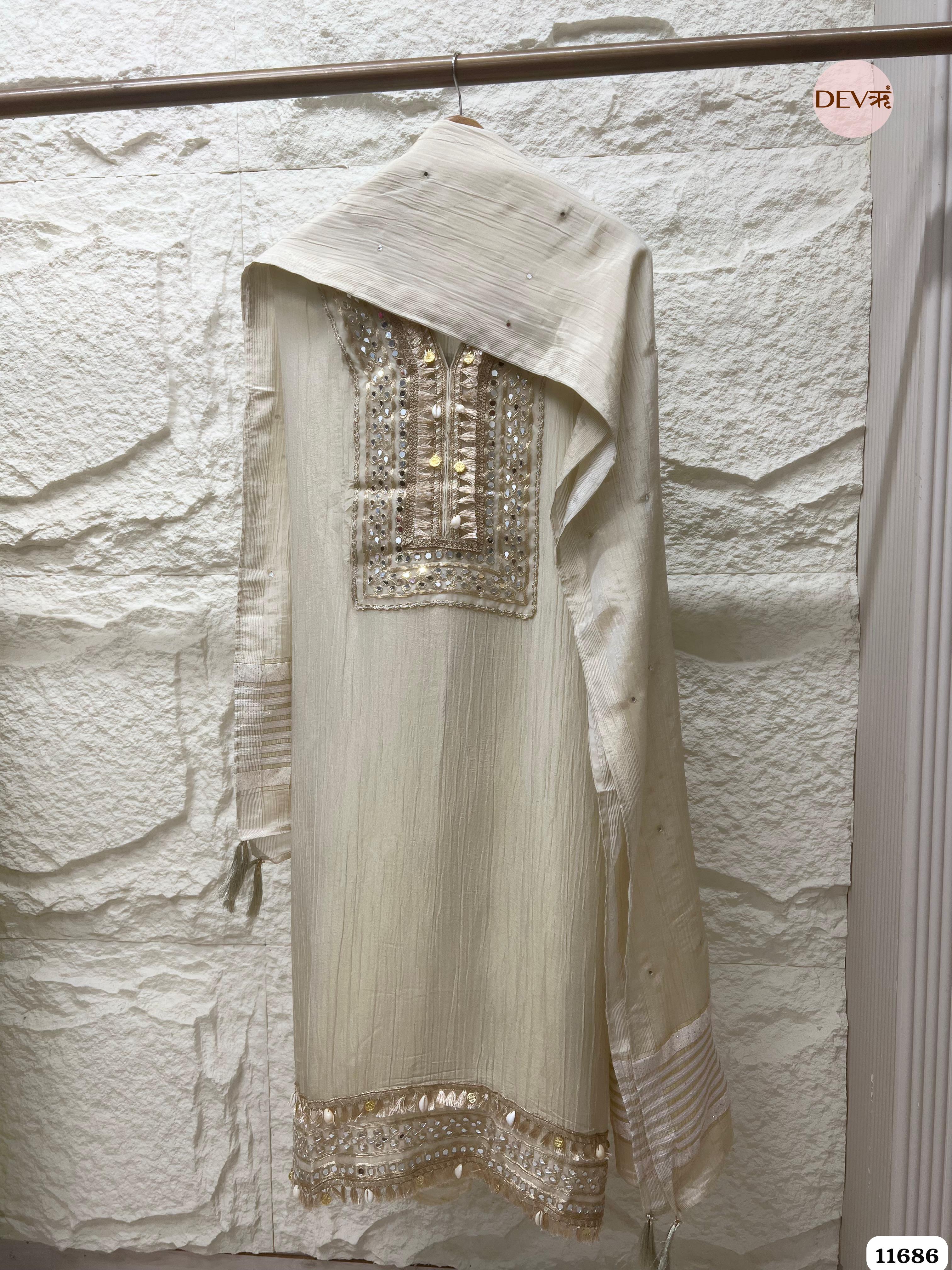 Off White Pure Tissue Silk Unstitched Hand Embroidered -Set Of 3 {11686}