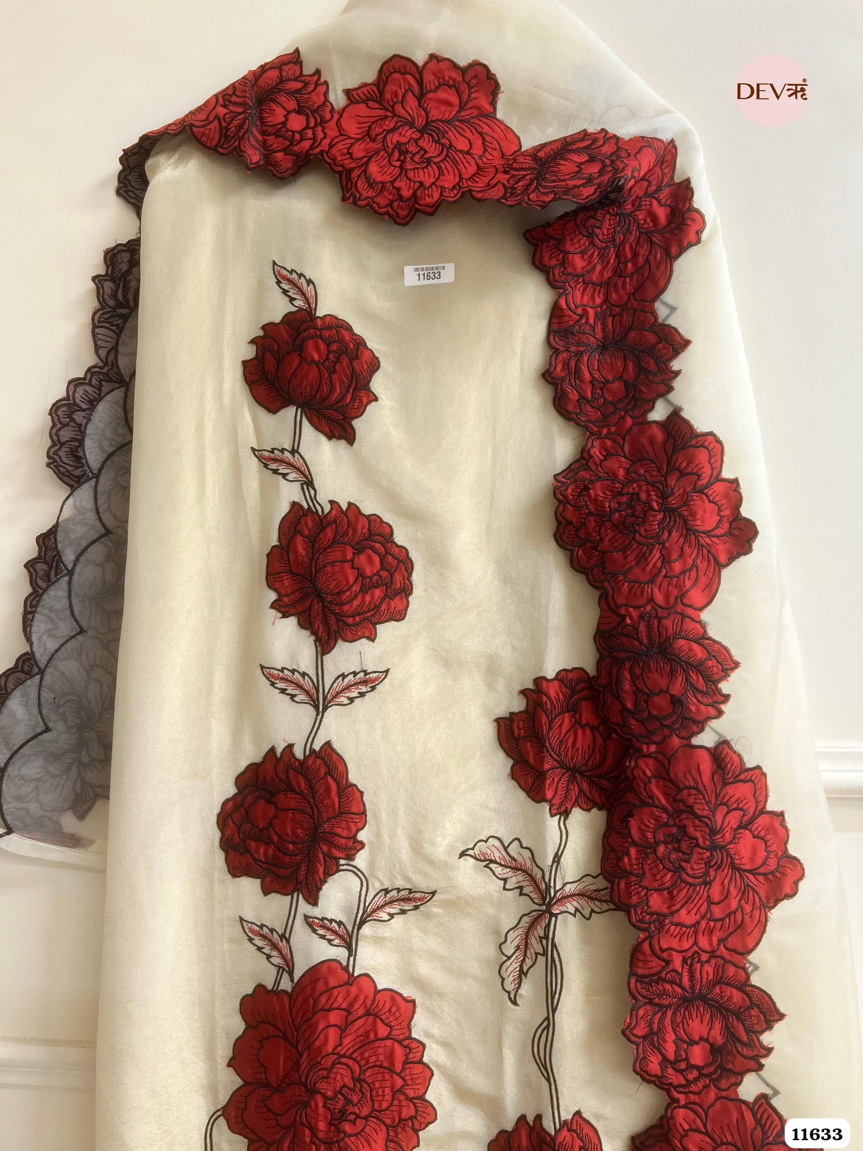 Off White Tissue Silk Unstitched Embroidered -Set Of 3 {11633}