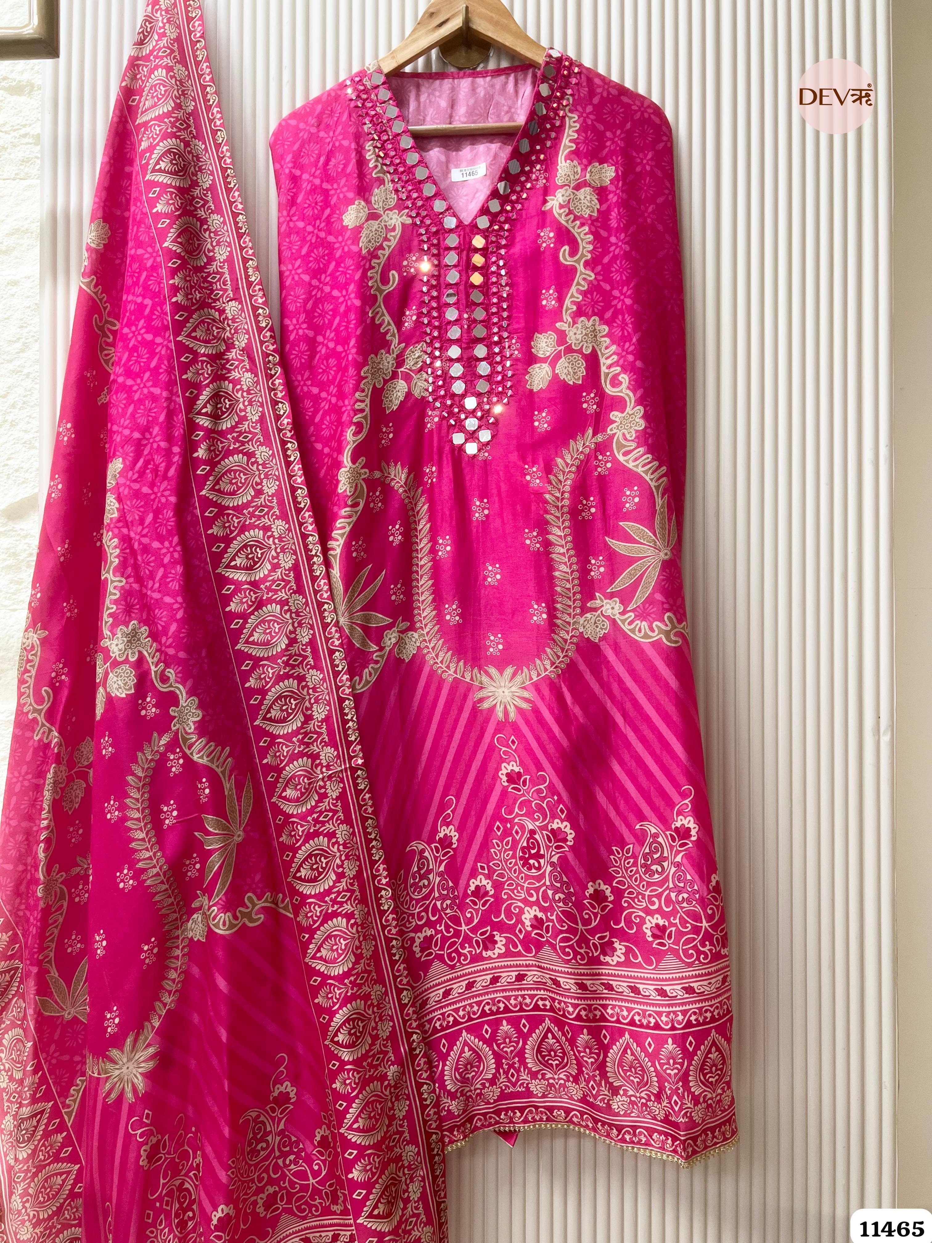 Pink Russian Silk Printed Hand Embroidered -Set Of 3 {11465}