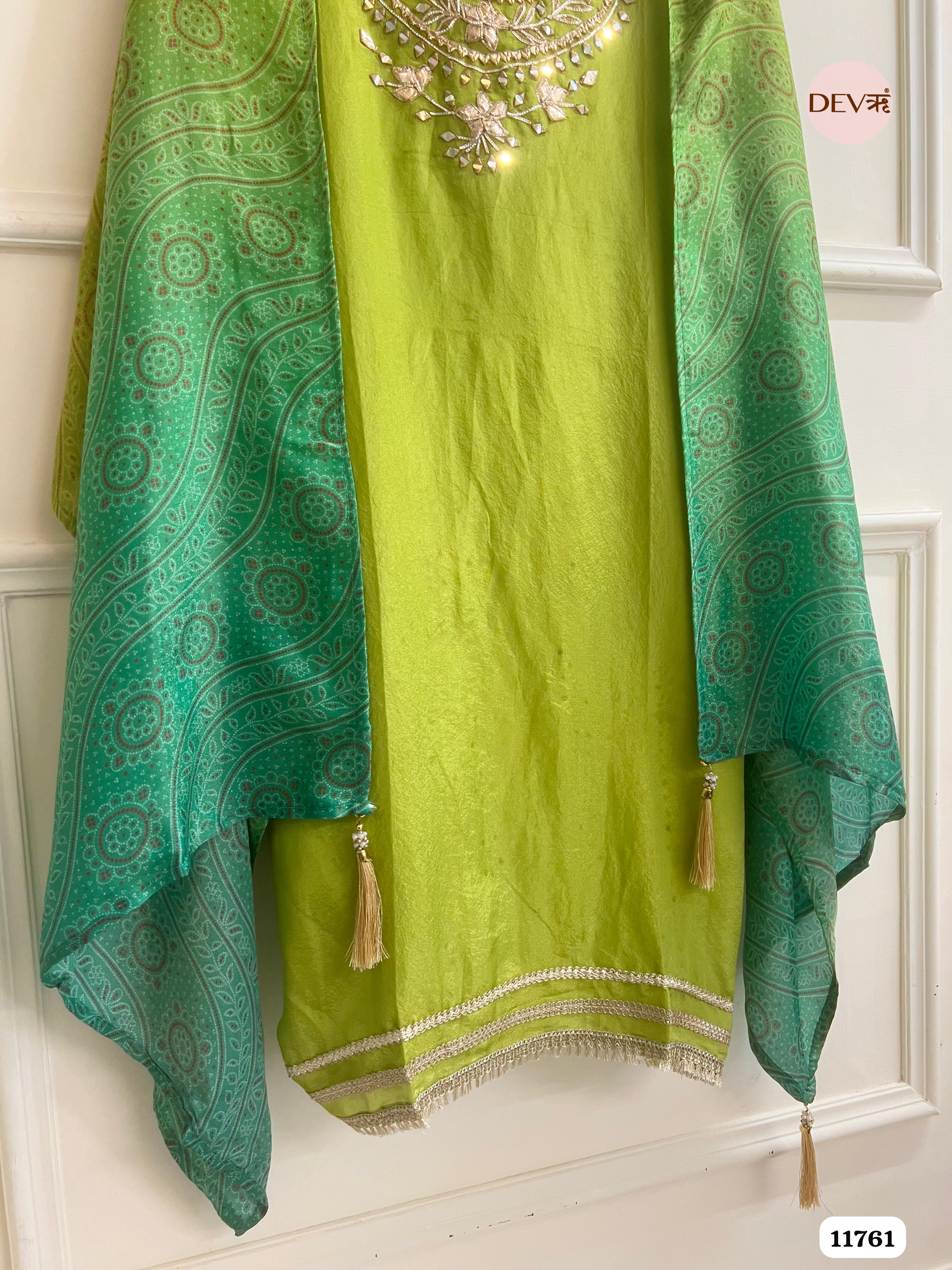 Green Tissue Silk Unstitched hand Embroidered -Set Of 3 {11761}