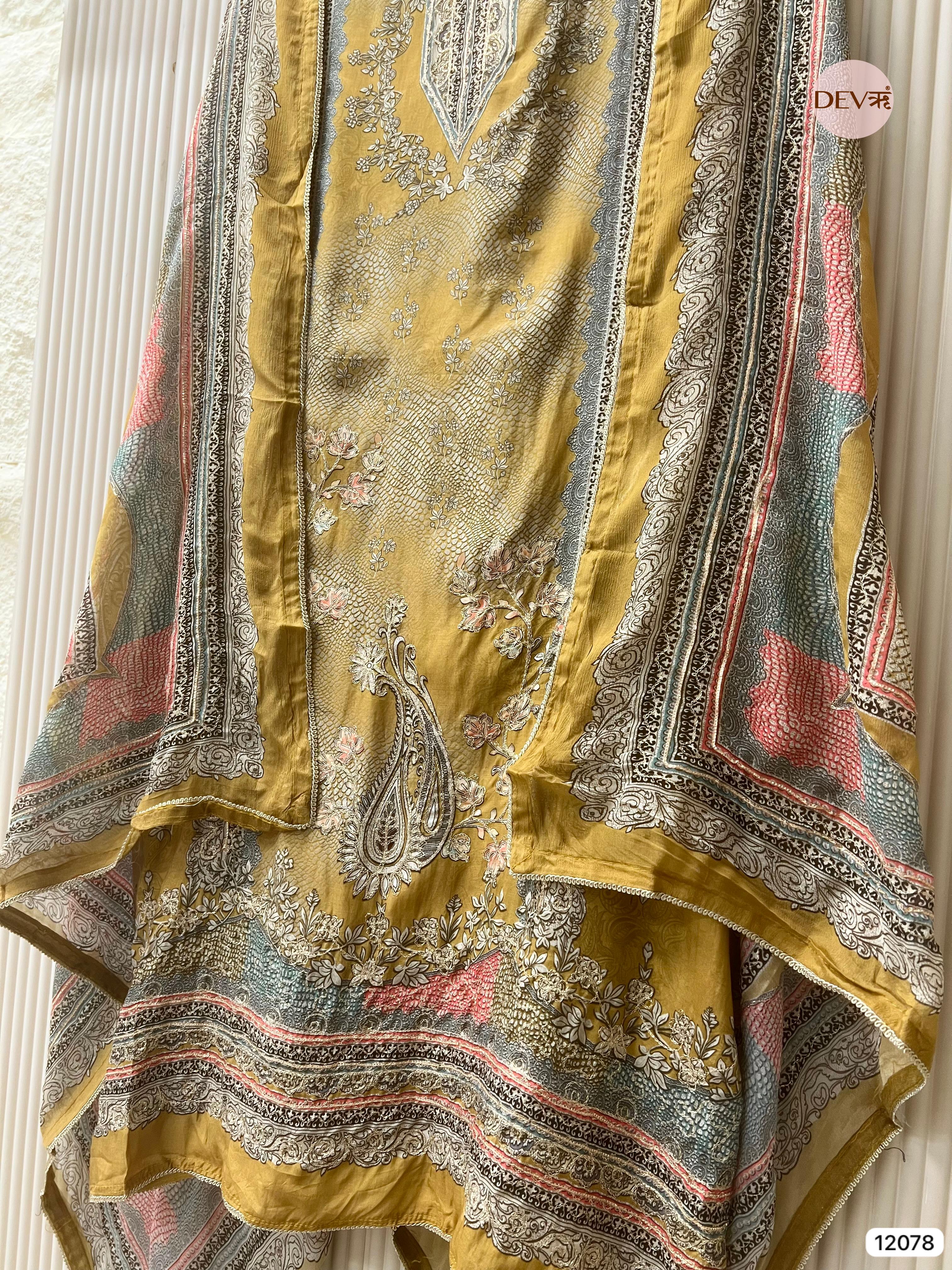 Yellow Pure Muslin Unstitched Printed With Hand Zardosi Embroidery -Set Of 3 - {12078}