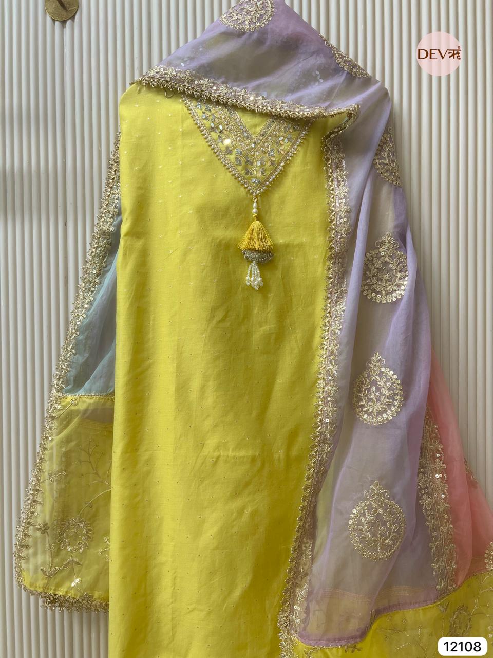Yellow Pure Shimmer Tissue Silk Unstitched Hand Embroidered -Set Of 3 - {12108}