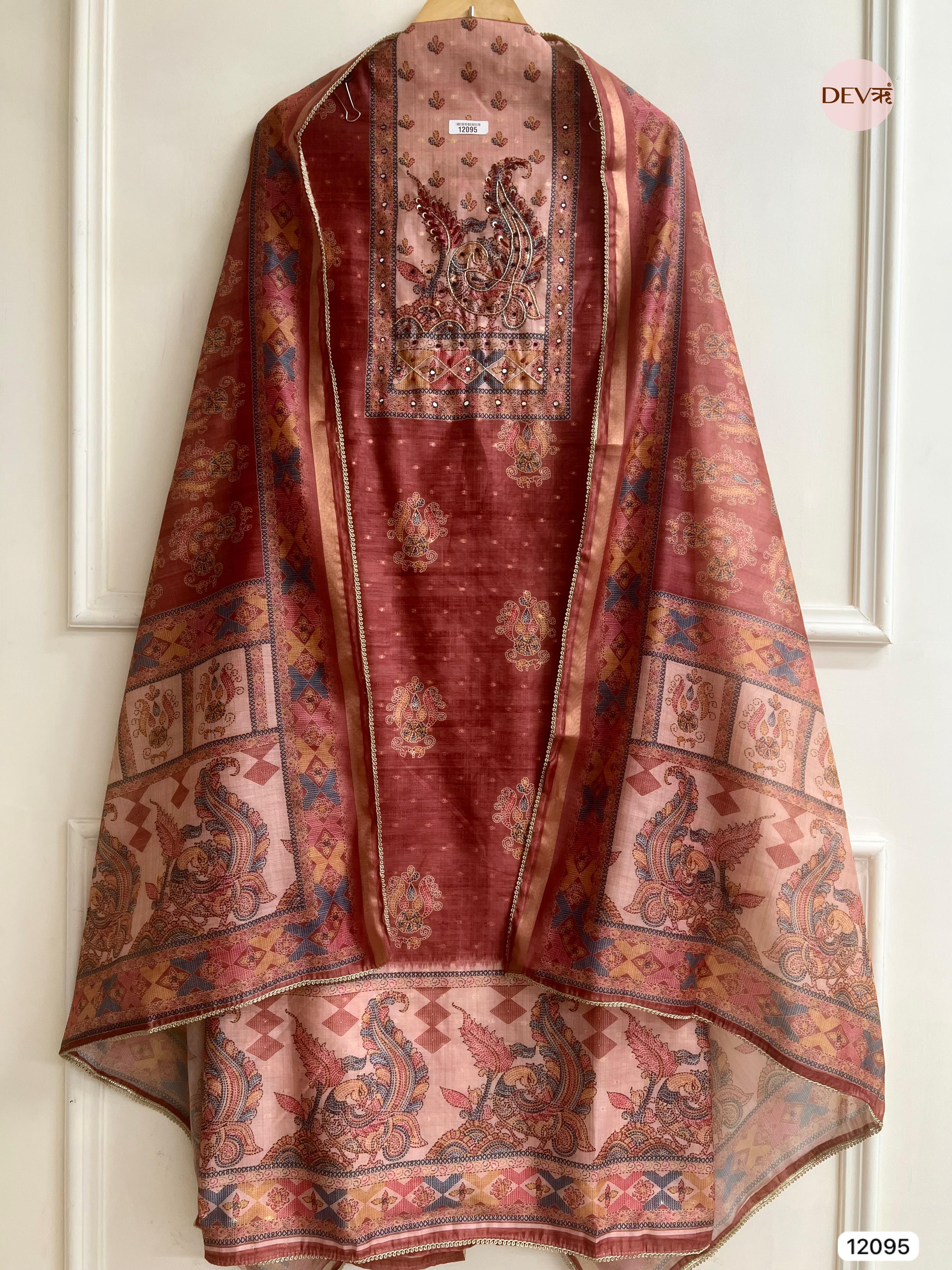 Red Tusser Khadi Silk Printed Unstitched Hand Embroidered -Set Of 3 - {12095}