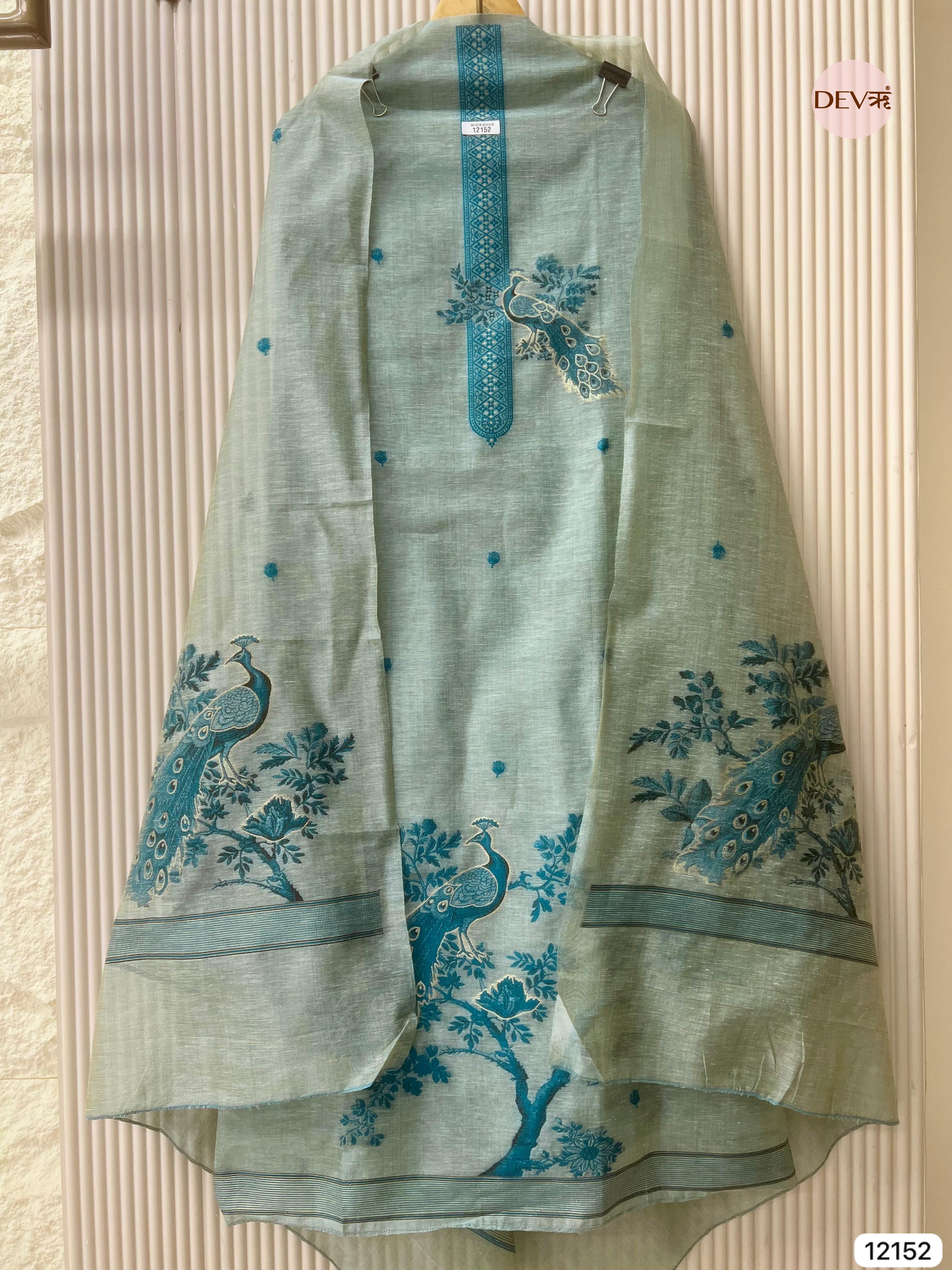 Light Green Pure Jamdani Linen Unstitched-Set Of 3- {12152}