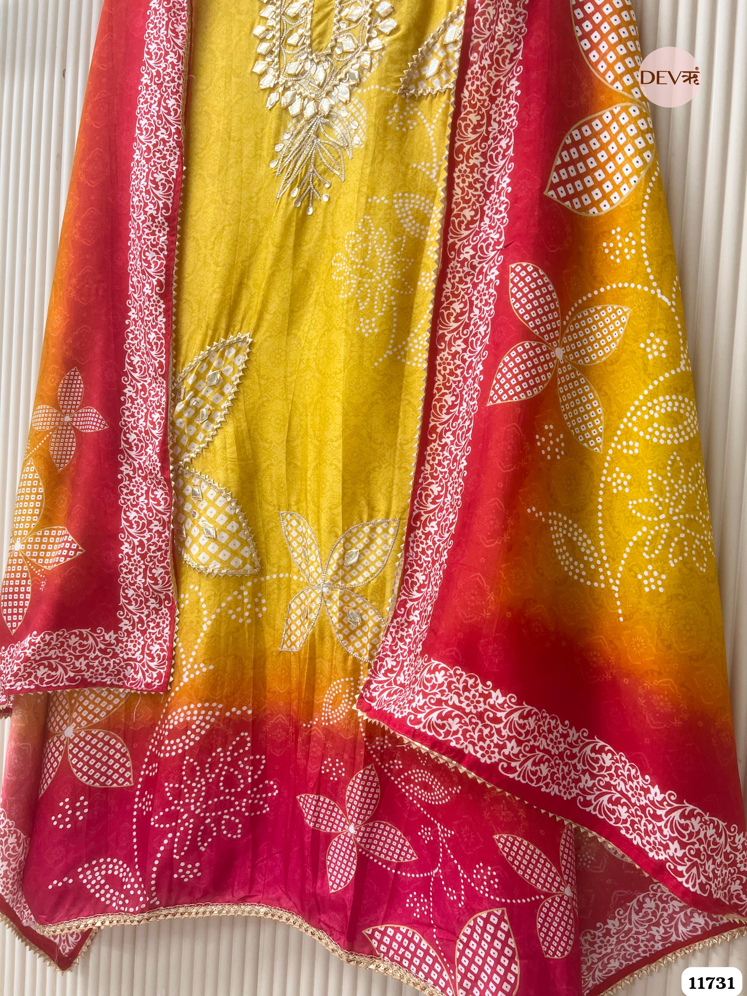 Yellow Russian Silk Semi Stitched Printed Hand Embroidered -Set Of 3- {11731}