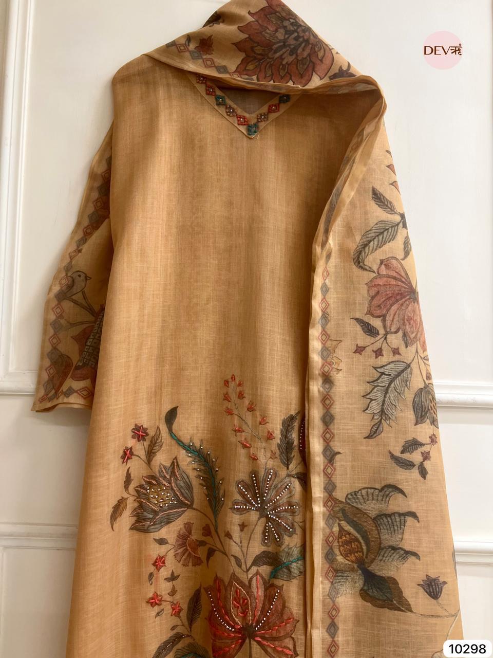 Warm Beige Linen Embroidered Unstitched 3-Piece Suit (Devri – D.No 10298)
