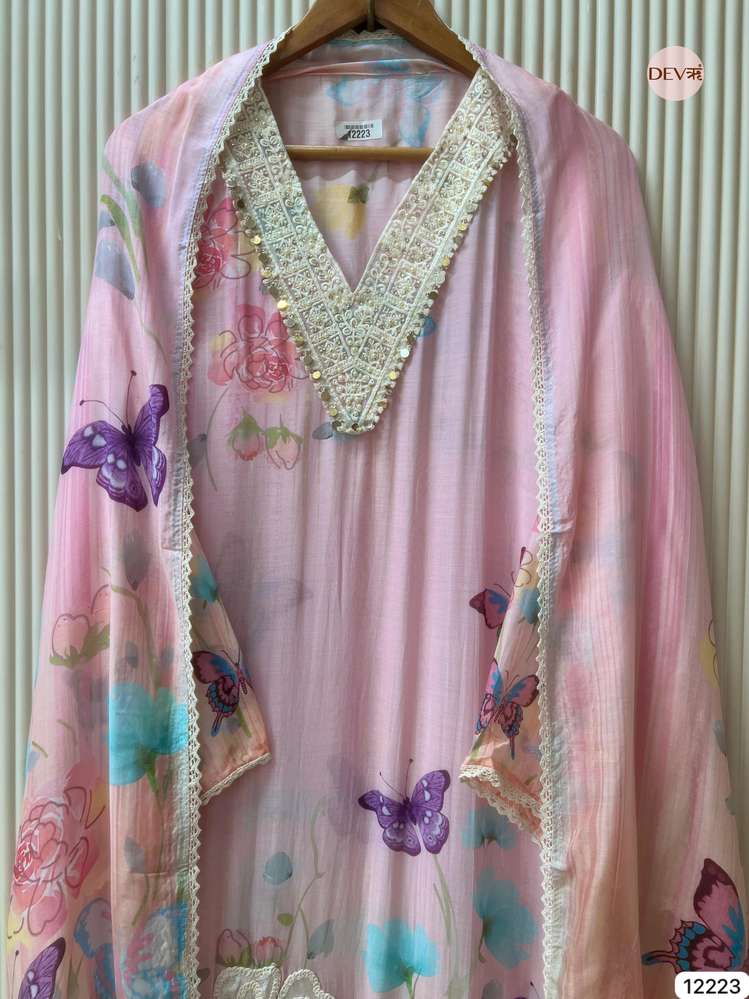 Soft Pink Mul Chanderi Butterfly Printed Unstitched 3-Piece Suit (Devri – D.No 12223)