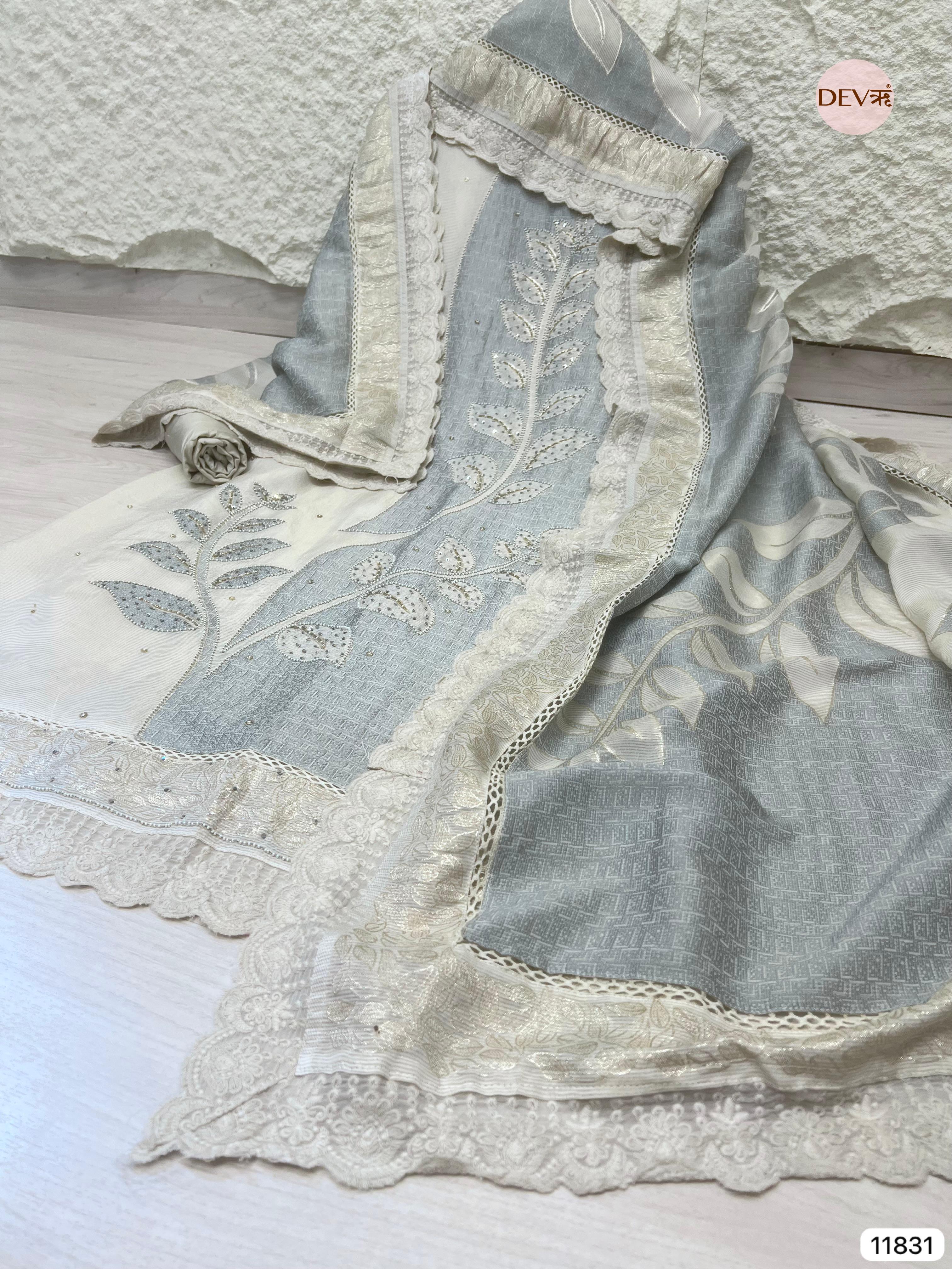 Light Grey/Silver Shimmer Silk Banarasi Weave Unstitched Hand Embroidered -Set Of 3- {11831}