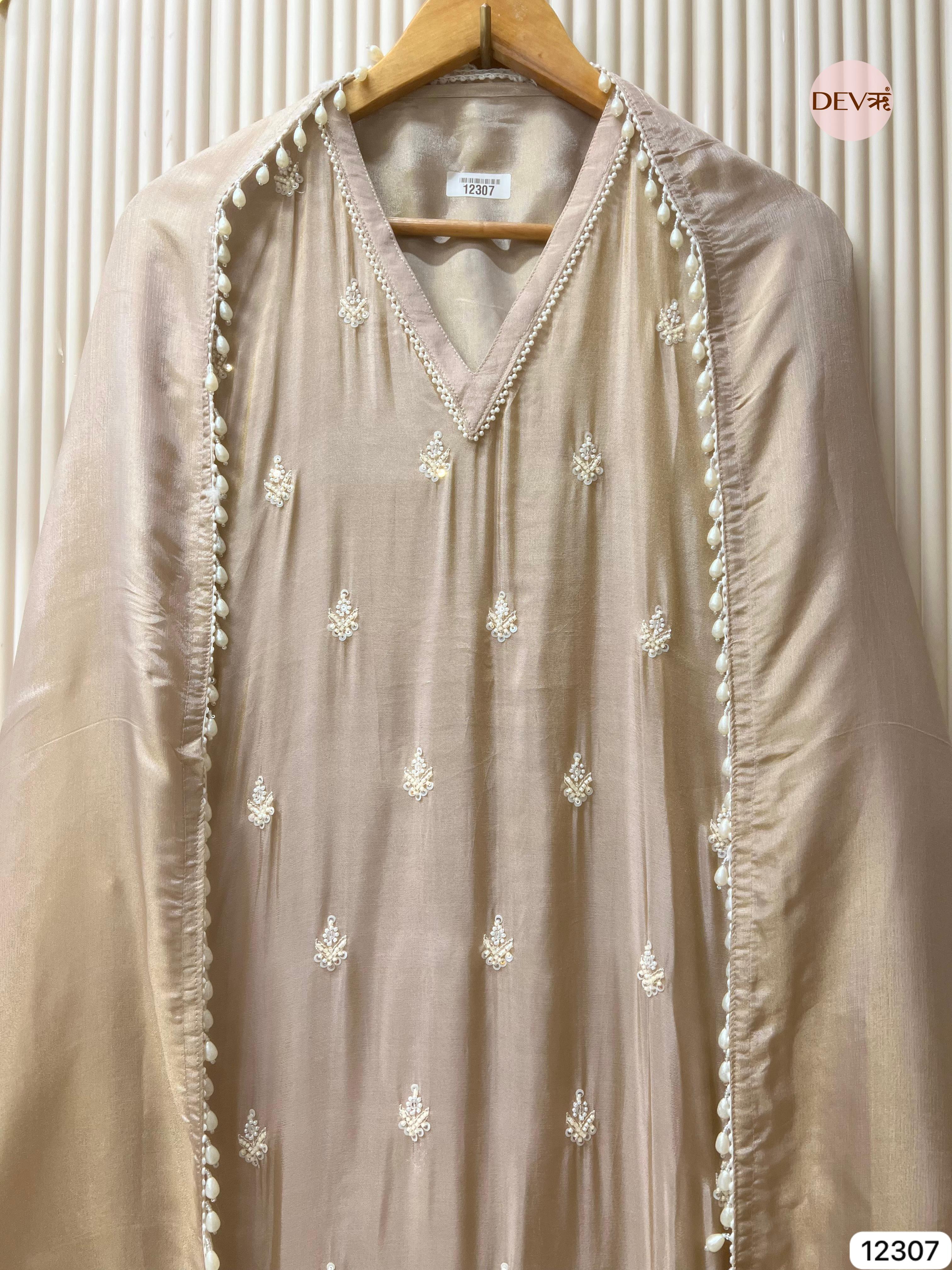 Ivory Beige Shimmer Silk Embroidered Unstitched 3-Piece Suit (Devri – D.No 12307)