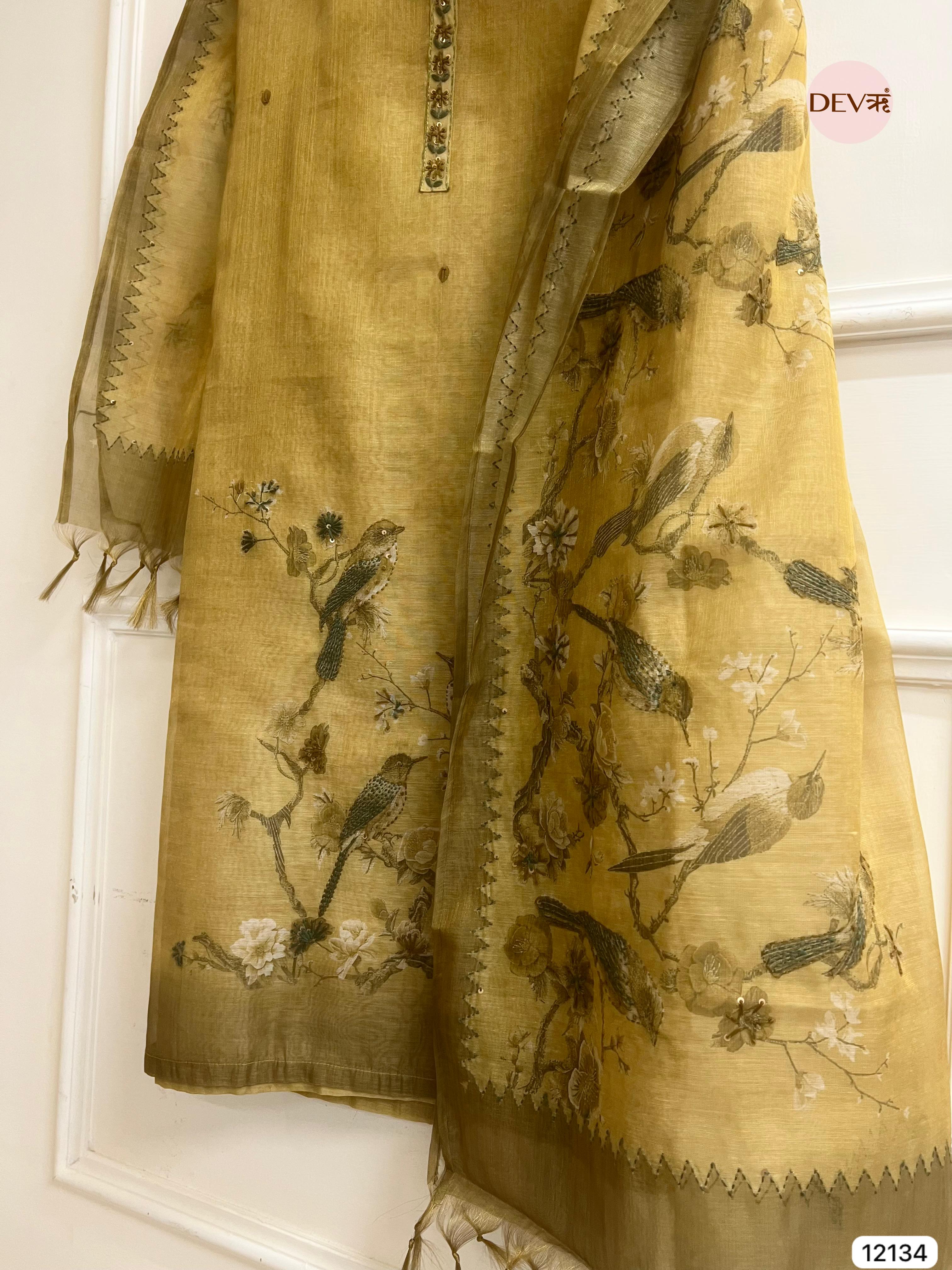 Yellow Pure Soft jamdani linen Woven Unstitched -Set Of 3 - {12134}