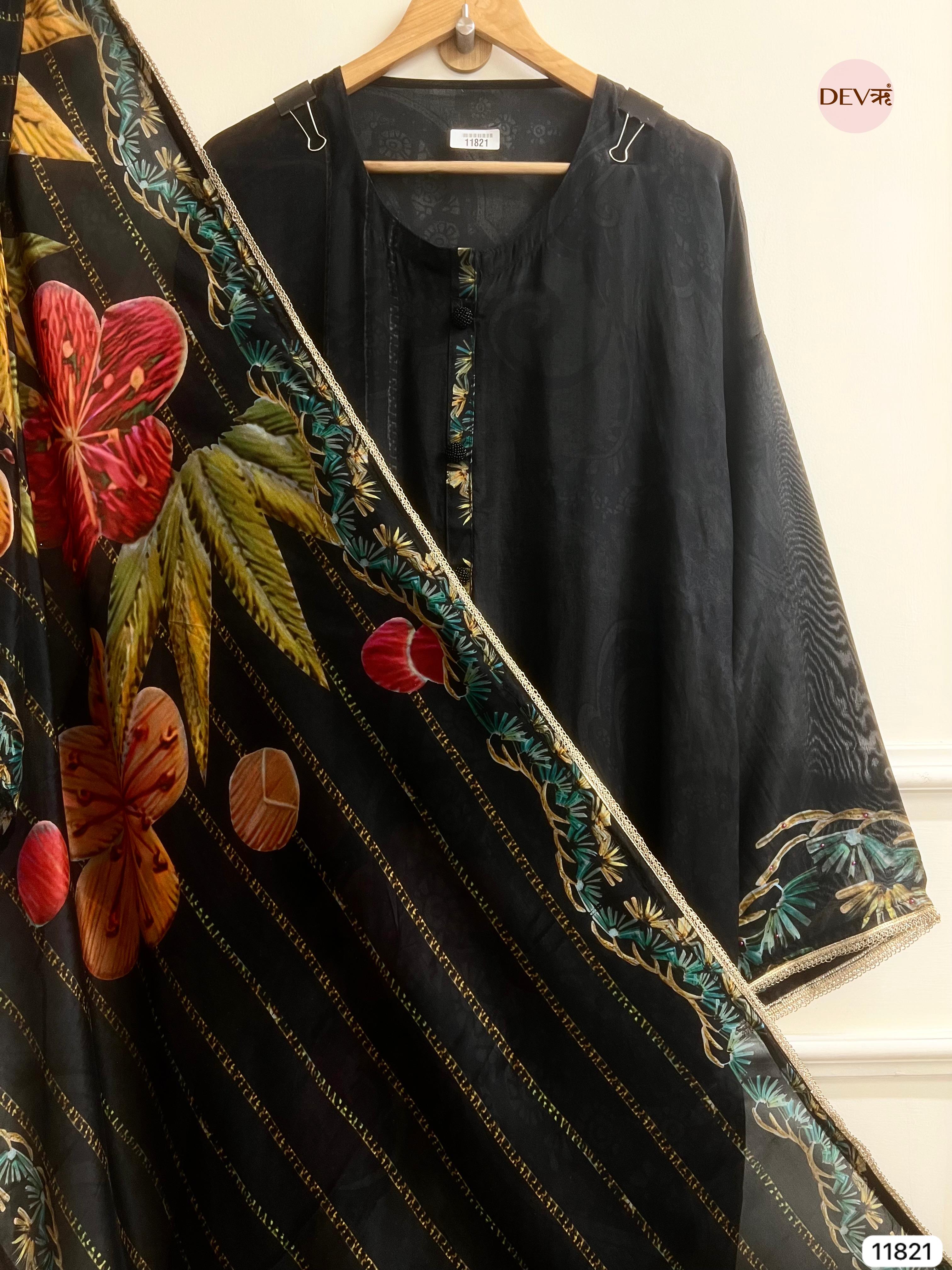 Black Organza silk Semi Stitched Printed Hand Embroidered -Set Of 3 - {11821}