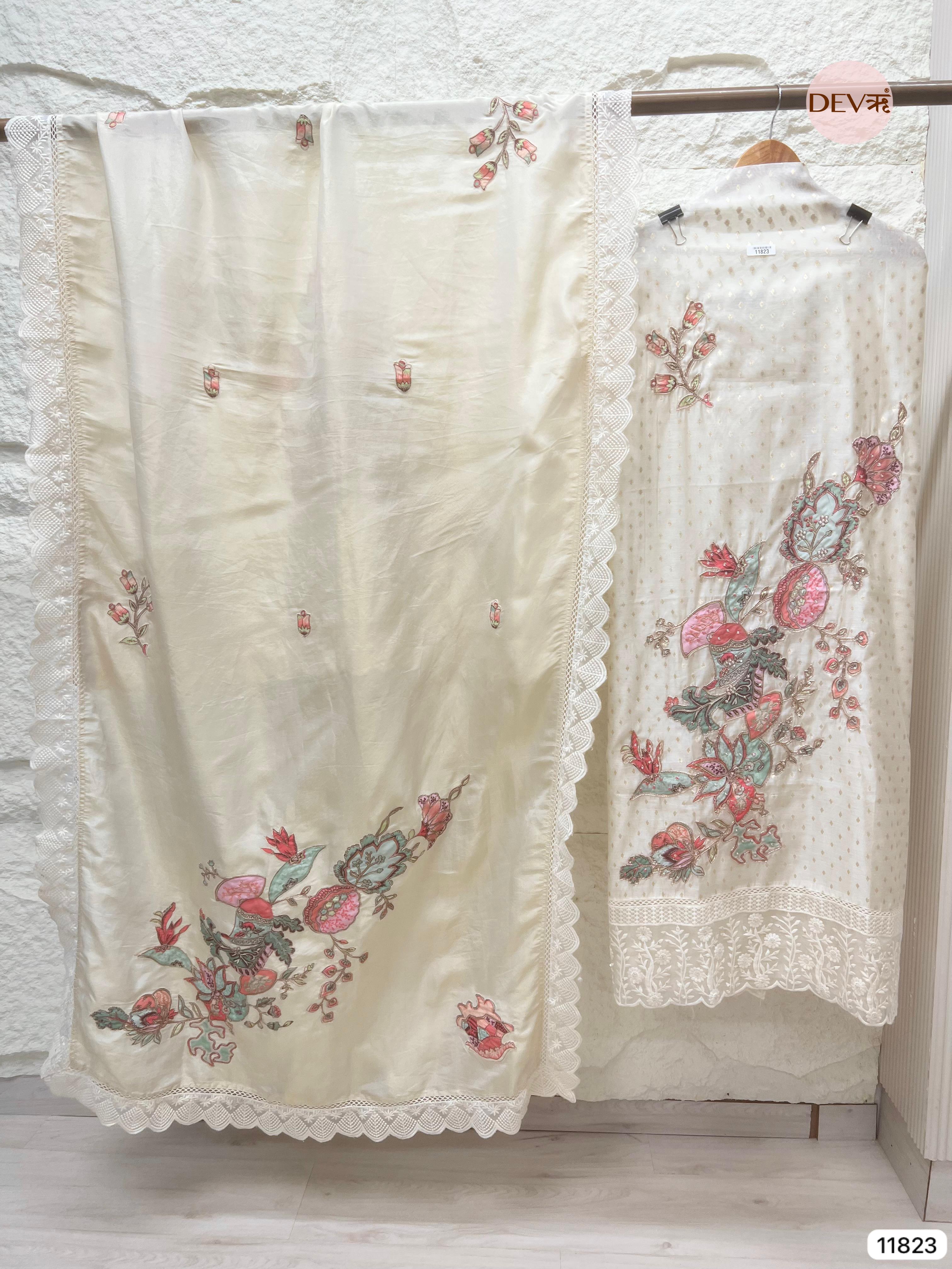 Off White Pure Shimmer Tissue Silk Unstitched Hand Embroidered -Set Of 3 - {11823}