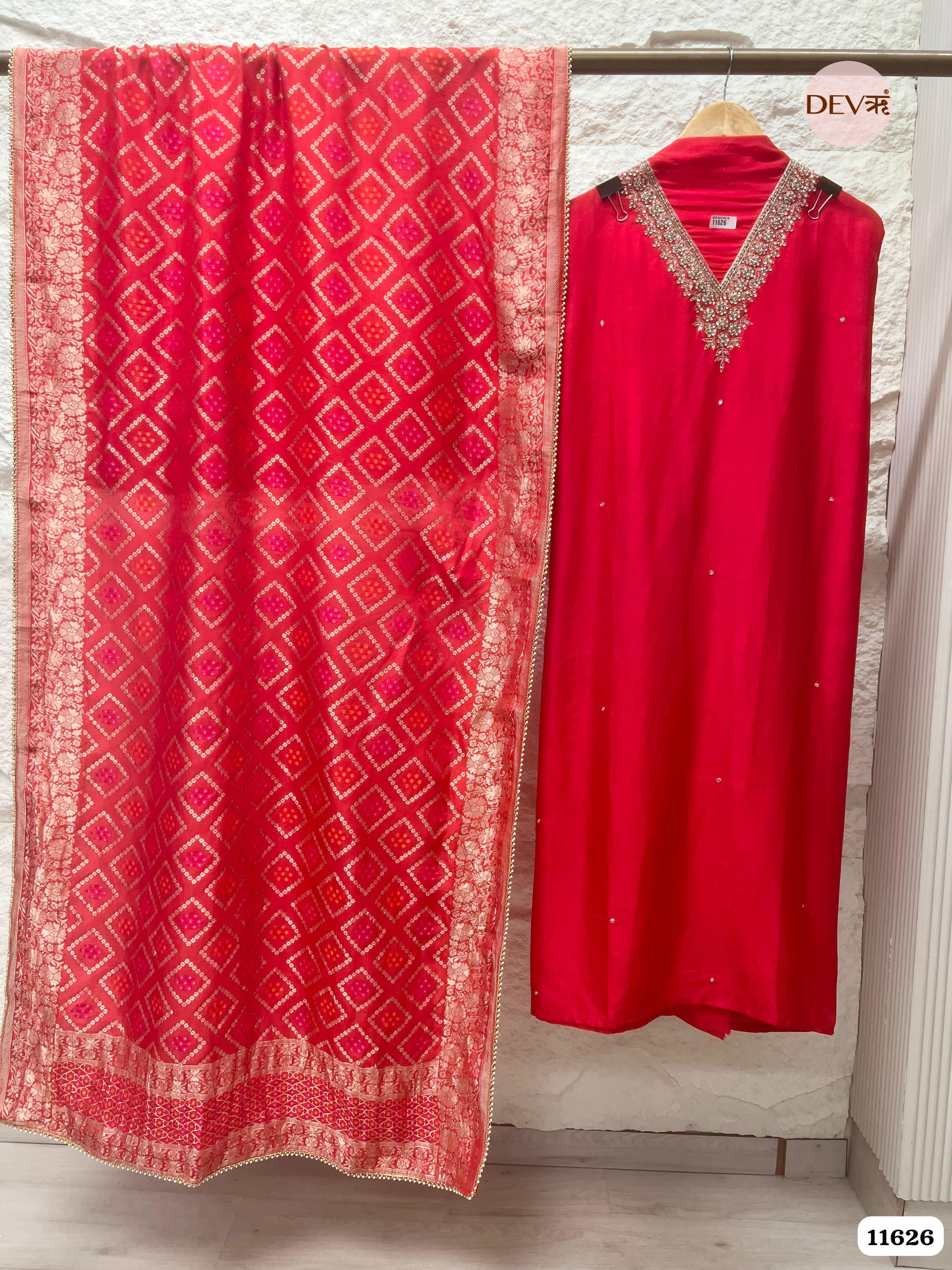 Red Pure Russian Silk Unstitched Hand Embroidered -Set Of 3 {11626}