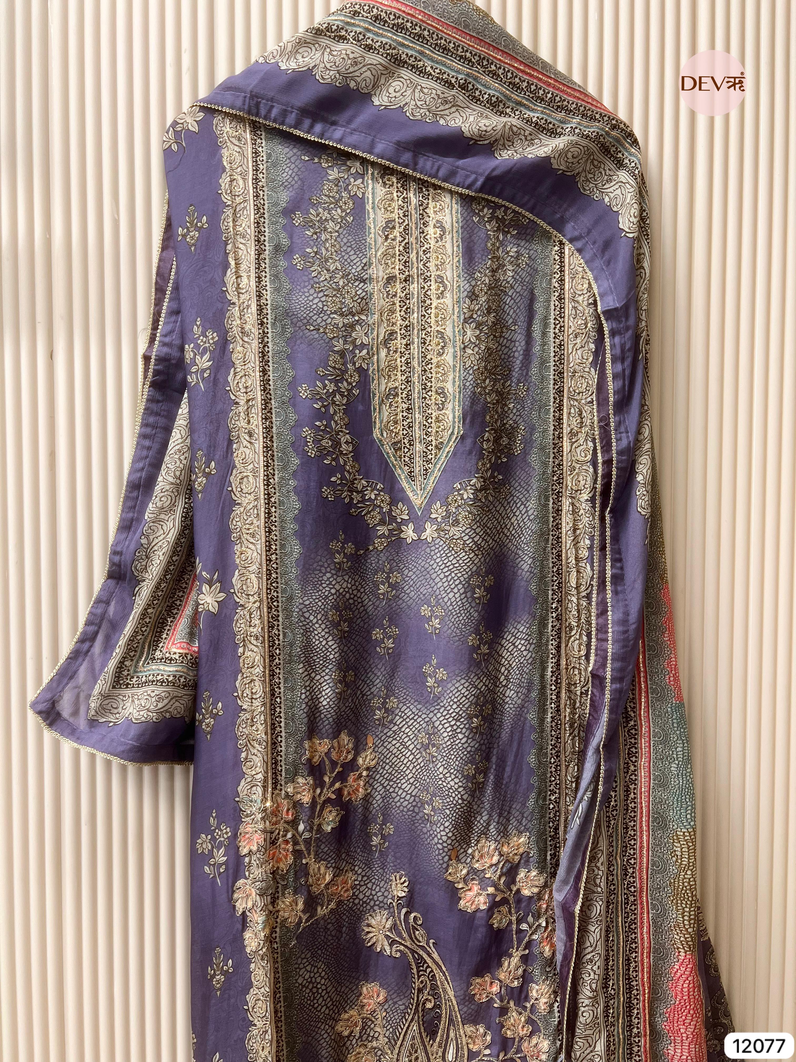 Purple Pure Muslin Unstitched Printed With Hand Zardosi Embroidery -Set Of 3 - {12077}