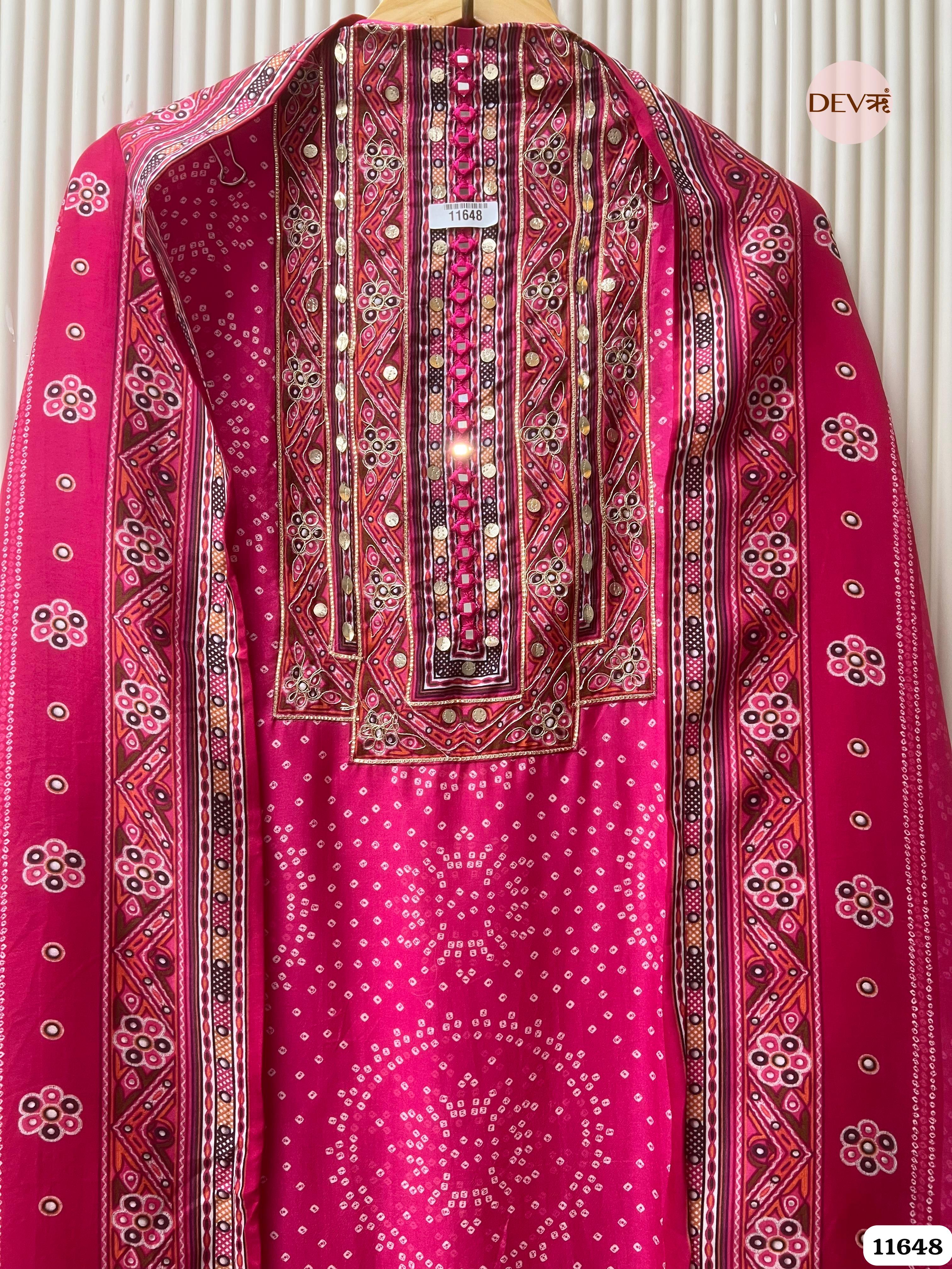 Pink Russian Silk Printed Unstitched Hand Embroidered -Set Of 3 {11648}