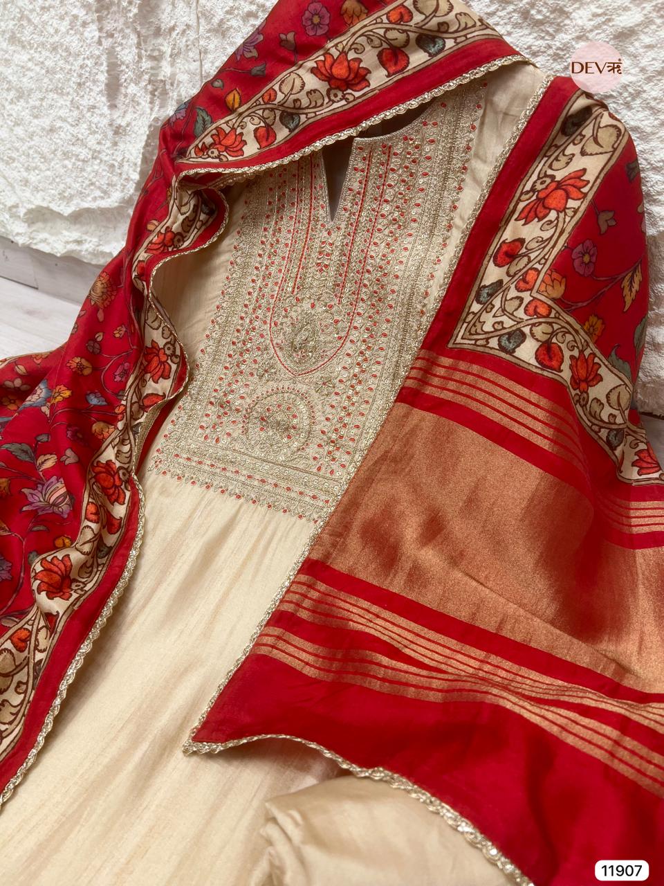 Beige Russian Silk Unstitched Embroidered -Set Of 3 - {11907}