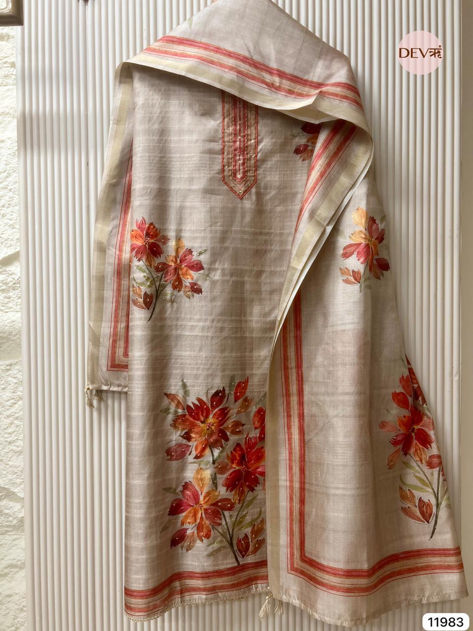 Beige Tusser Silk Printed Unstitched 3-Piece Suit (Devri – D.No 11983)