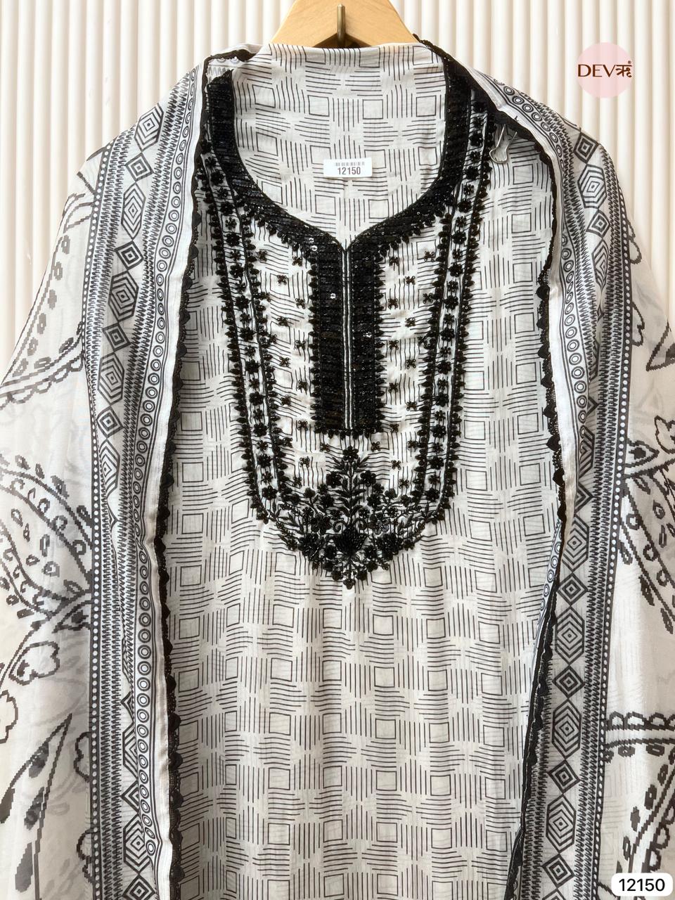 Black & White Pure Organza Unstitched Printed Hand Embroidered -Set Of 3 - {12150}
