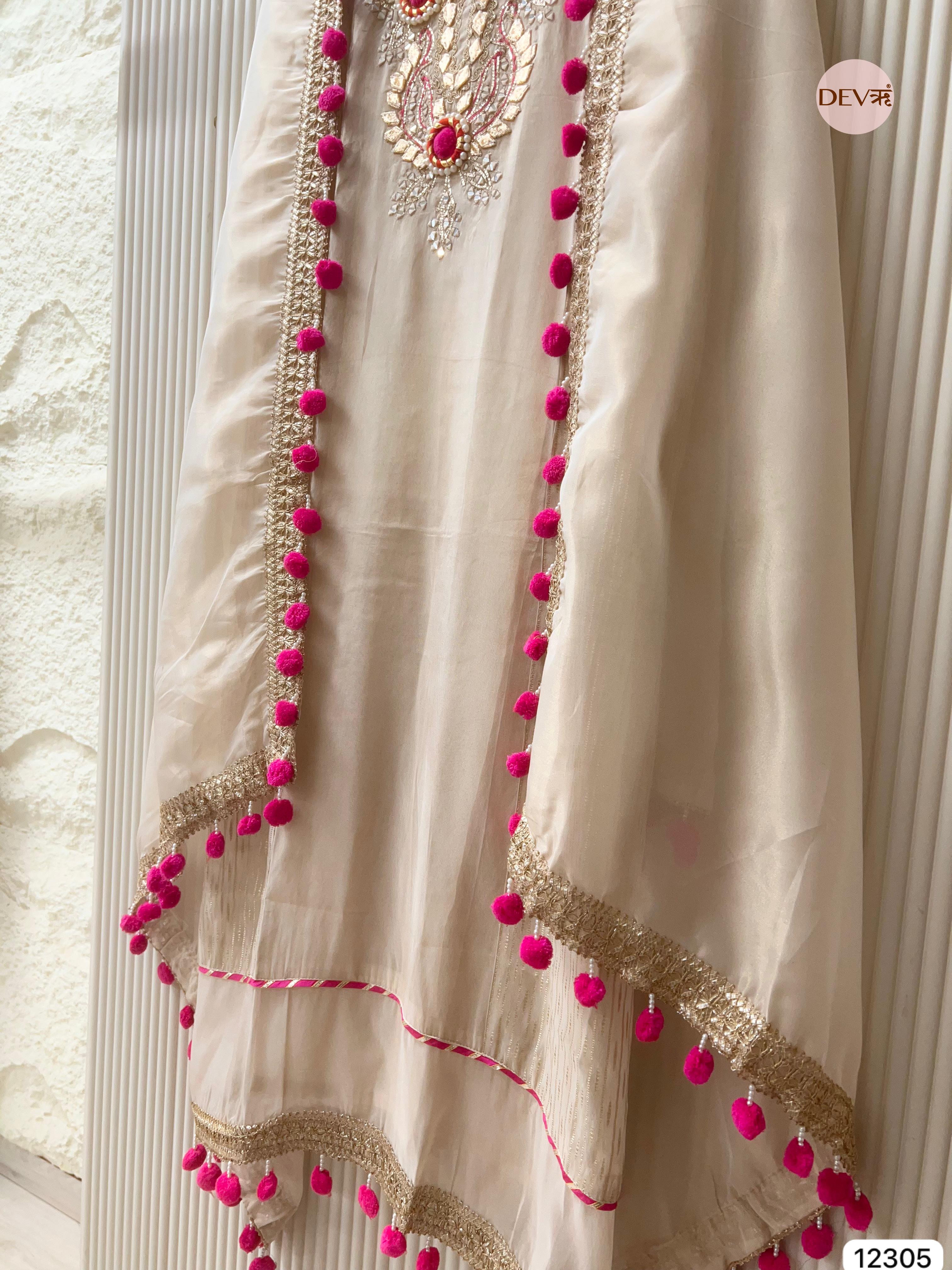 Ivory Pink Tissue Silk Embroidered Unstitched 3-Piece Suit (Devri – D.No 12305)