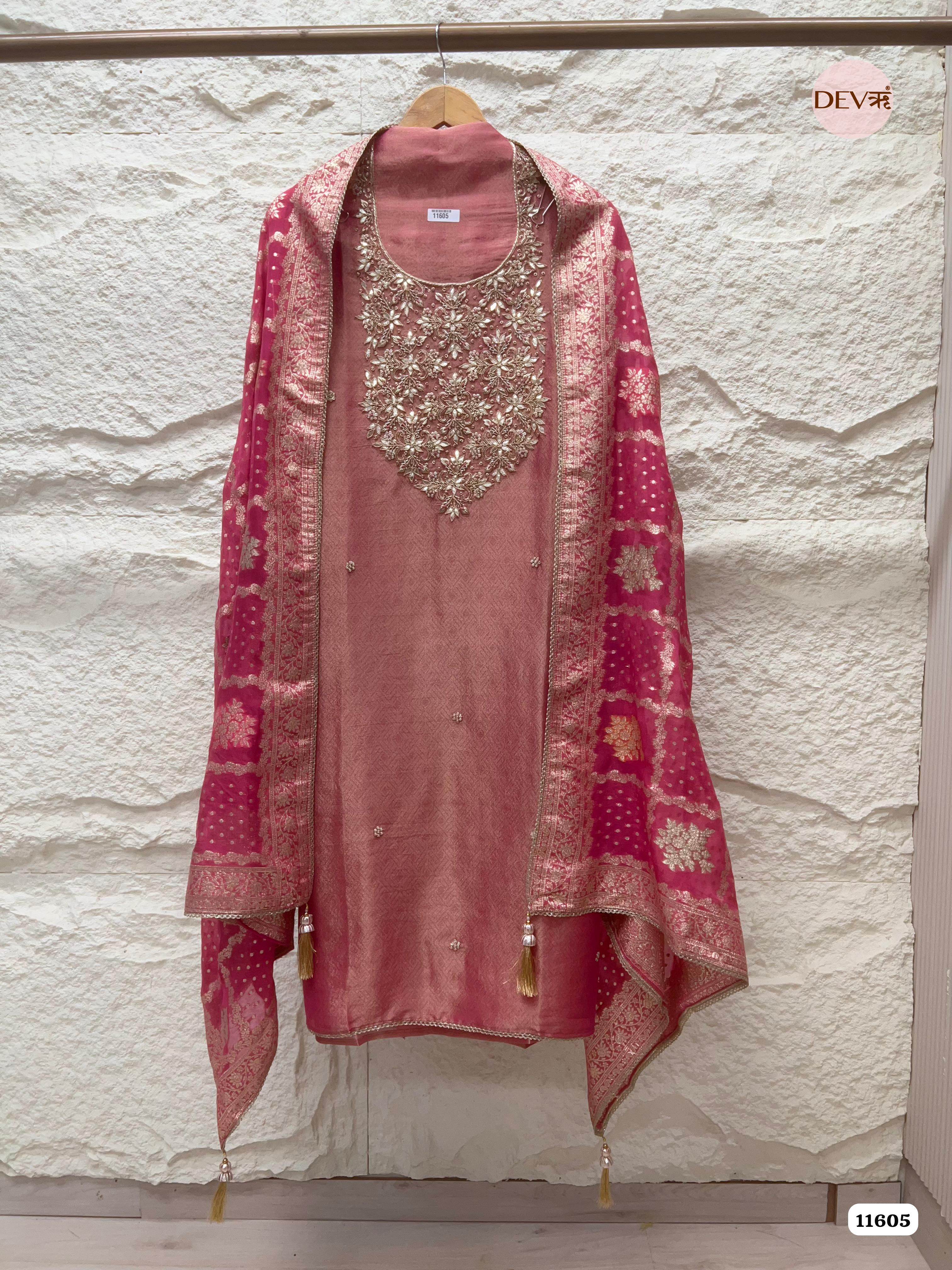 Rose Pink Pure Tissue Banarasi Silk Unstitched Hand Embroidered -Set Of 3 {11605}