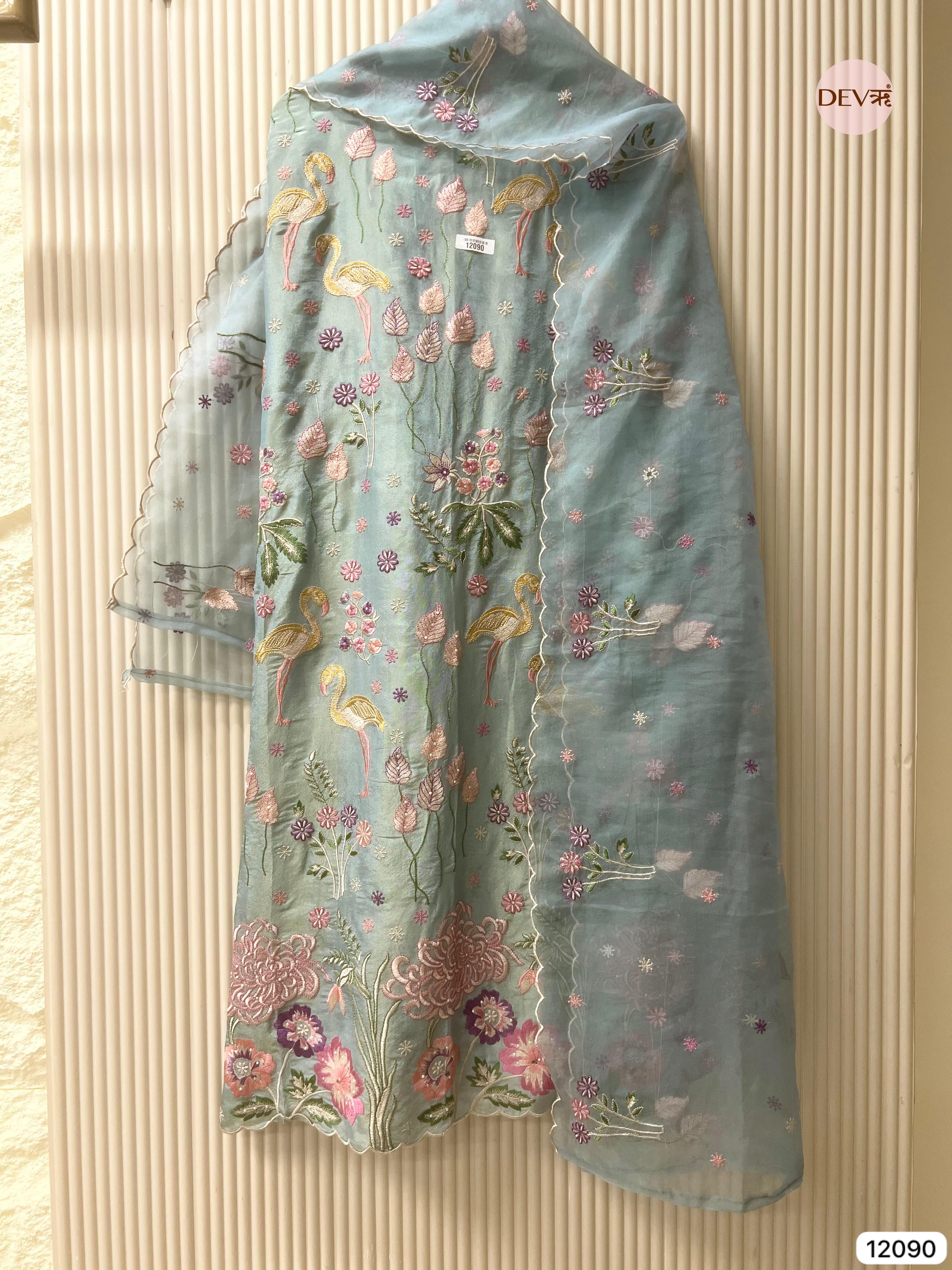 Blue Shimmer Tissue Silk Unstitched Embroidered -Set Of 3 - {12090}