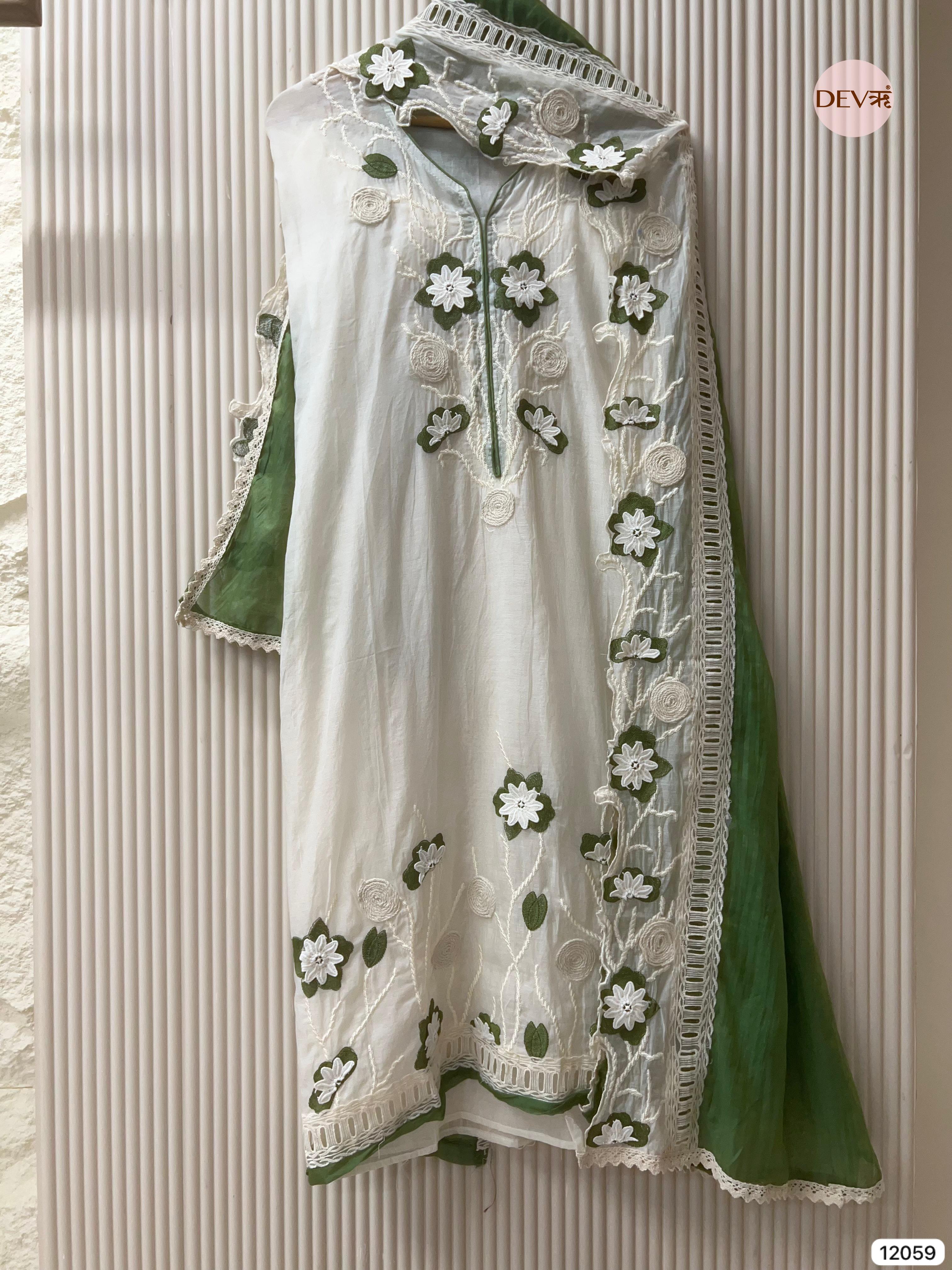 White Mul Chanderi Unstitched With Hand Embroidered -Set Of 3 - {12059}