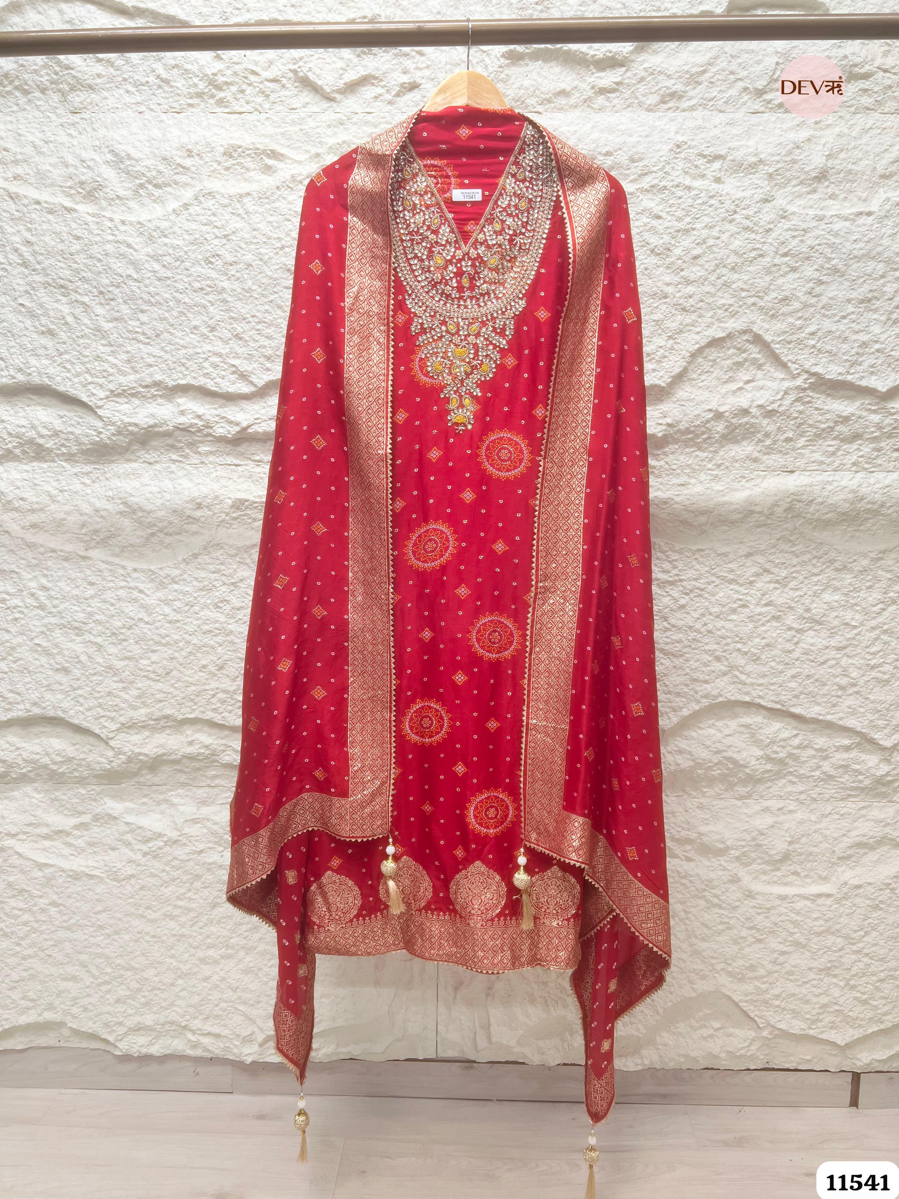 Red Pure Russian Silk Banarasi Woven Unstitched Hand Embroidered -Set Of 3 {11541}