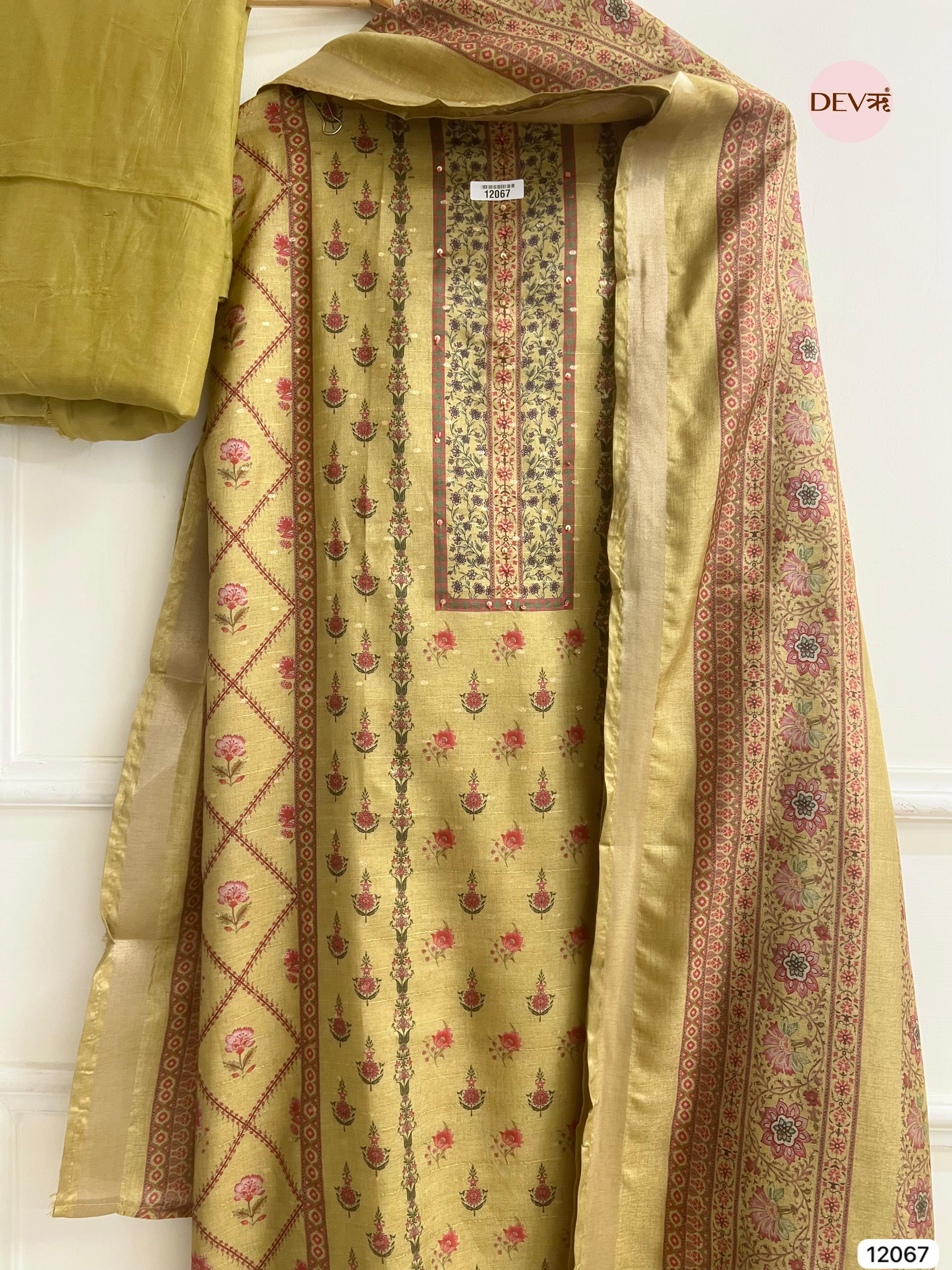 Yellow Raw Handloom Silk Unstitched Designer Printed With Hand Embroidery -Set Of 3 - {12067}