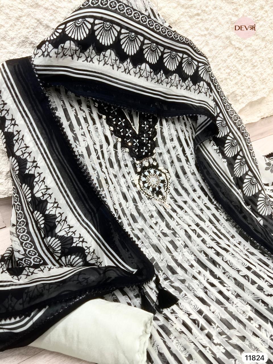 Black Ivory Organza Embroidered Unstitched 3-Piece Suit (Devri – D.No 11824)