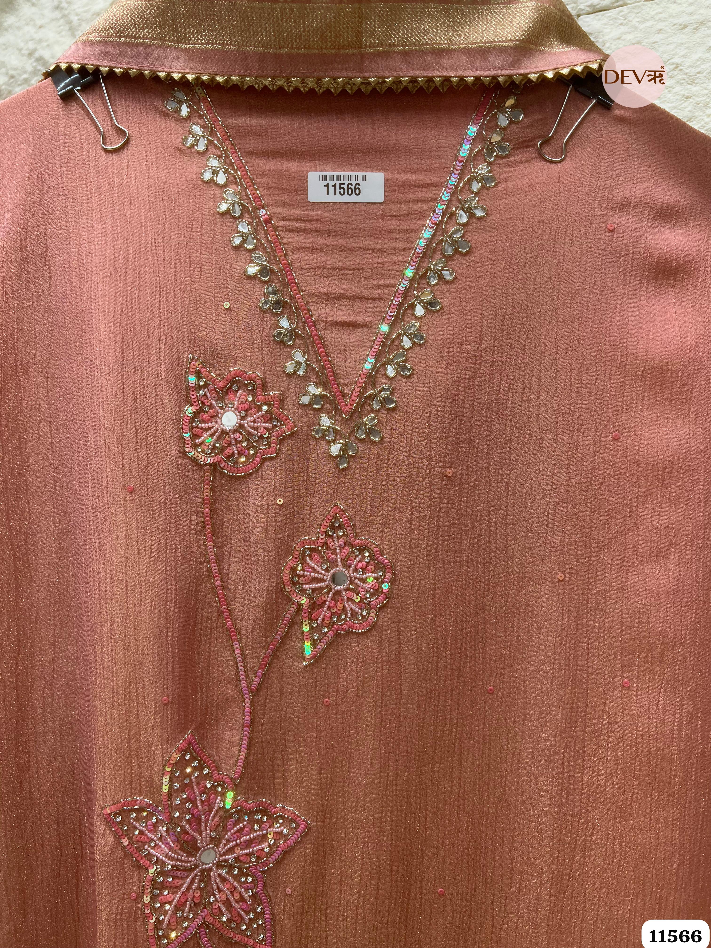 Pink Pure Chinon Unstitched Hand Embroidered -Set Of 3 {11566}