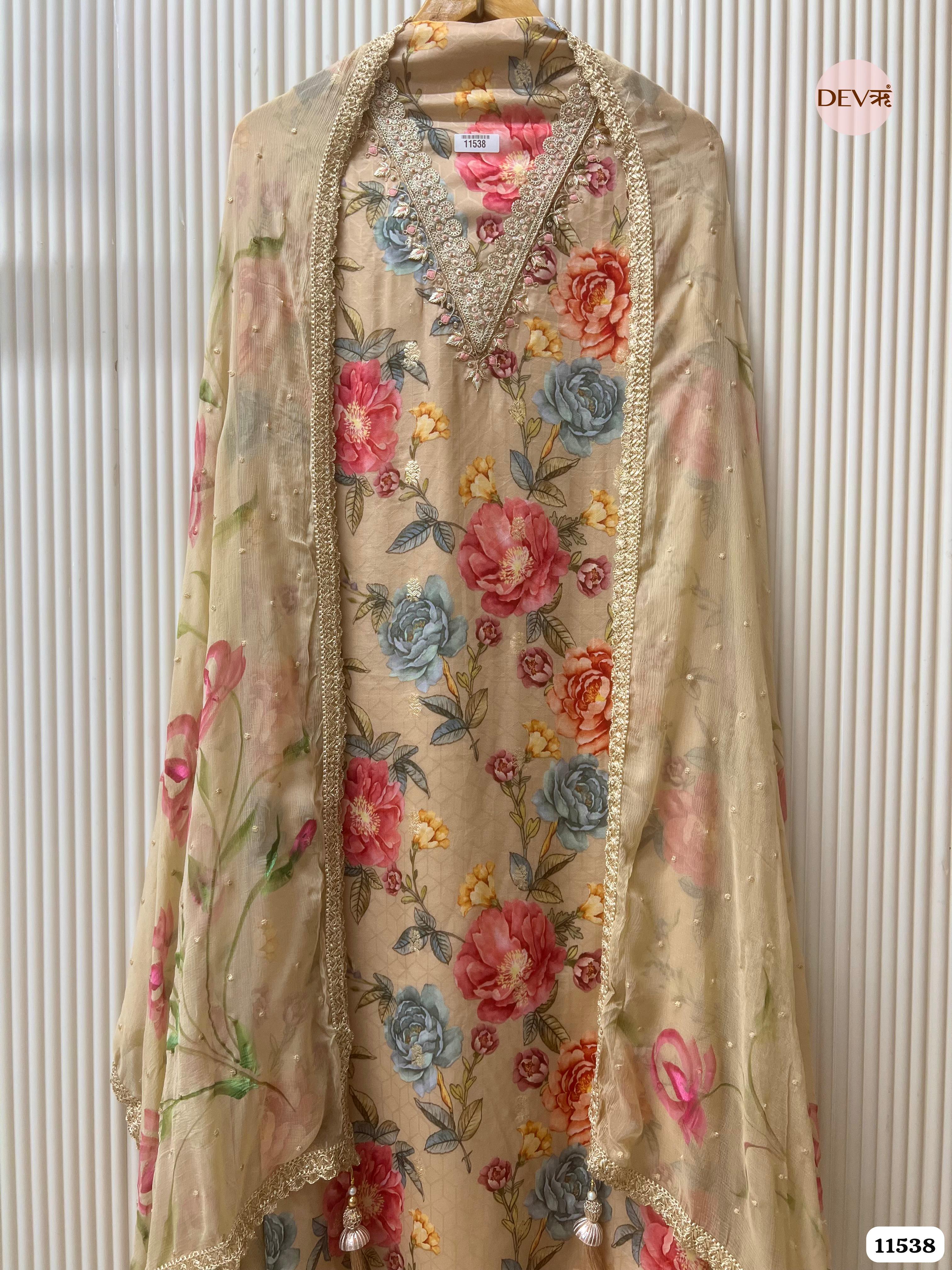 Beige Pure Dola Silk Unstitched Printed Banarasi Weave Hand Embroidered -Set Of 3 {11538}