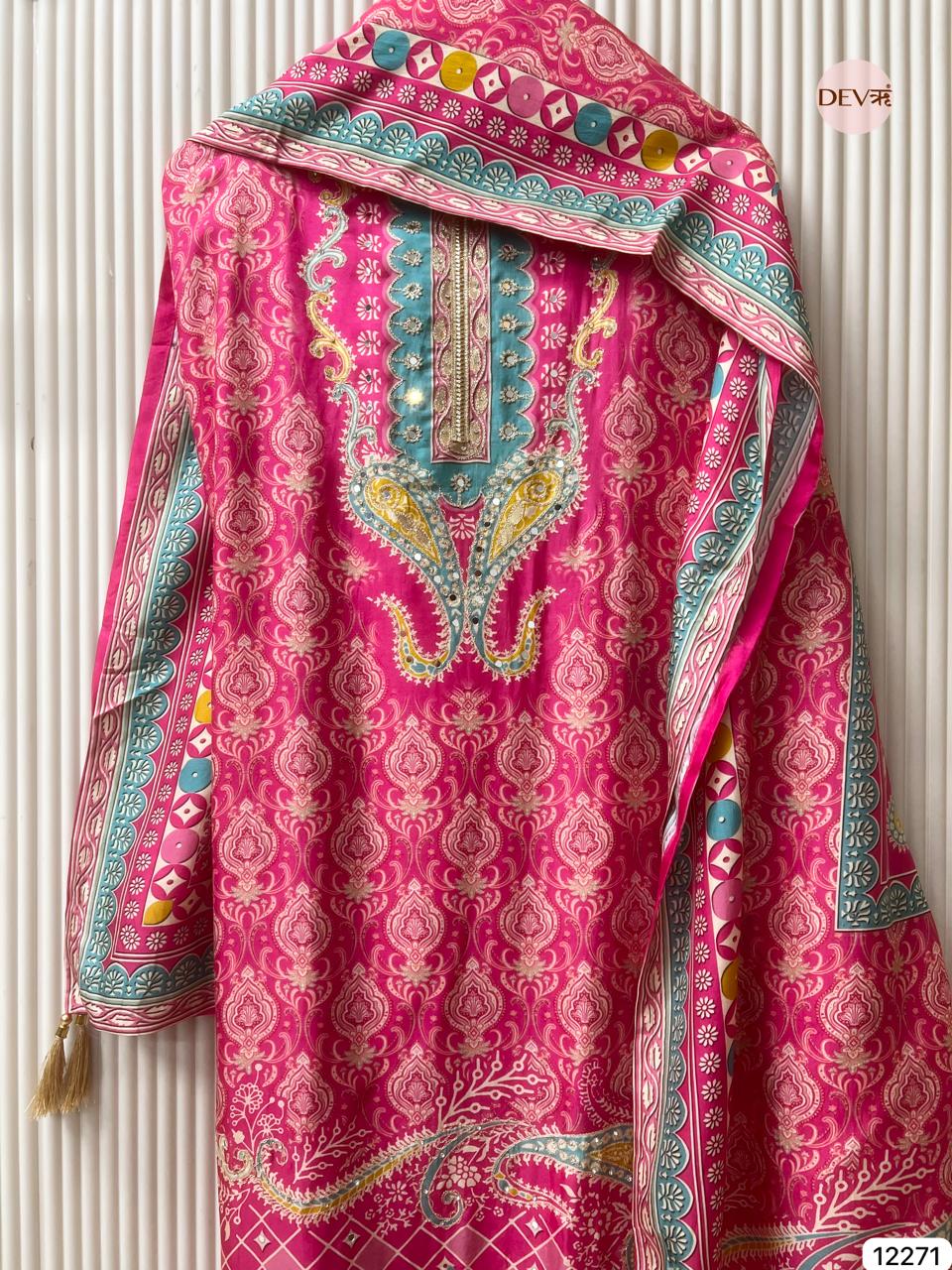 Rani Pink Russian Silk Printed Unstitched 3-Piece Suit (Devri – D.No 12271)