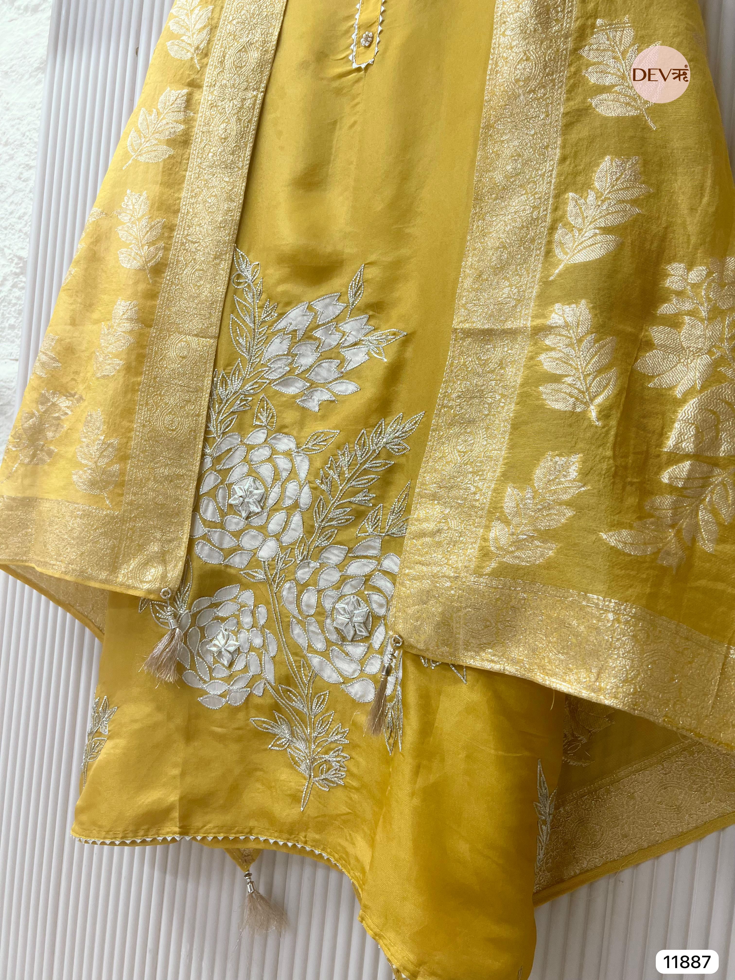 Yellow Tissue Silk Shimmer Silk Unstitched Hand Embroidered -Set Of 3- {11887}