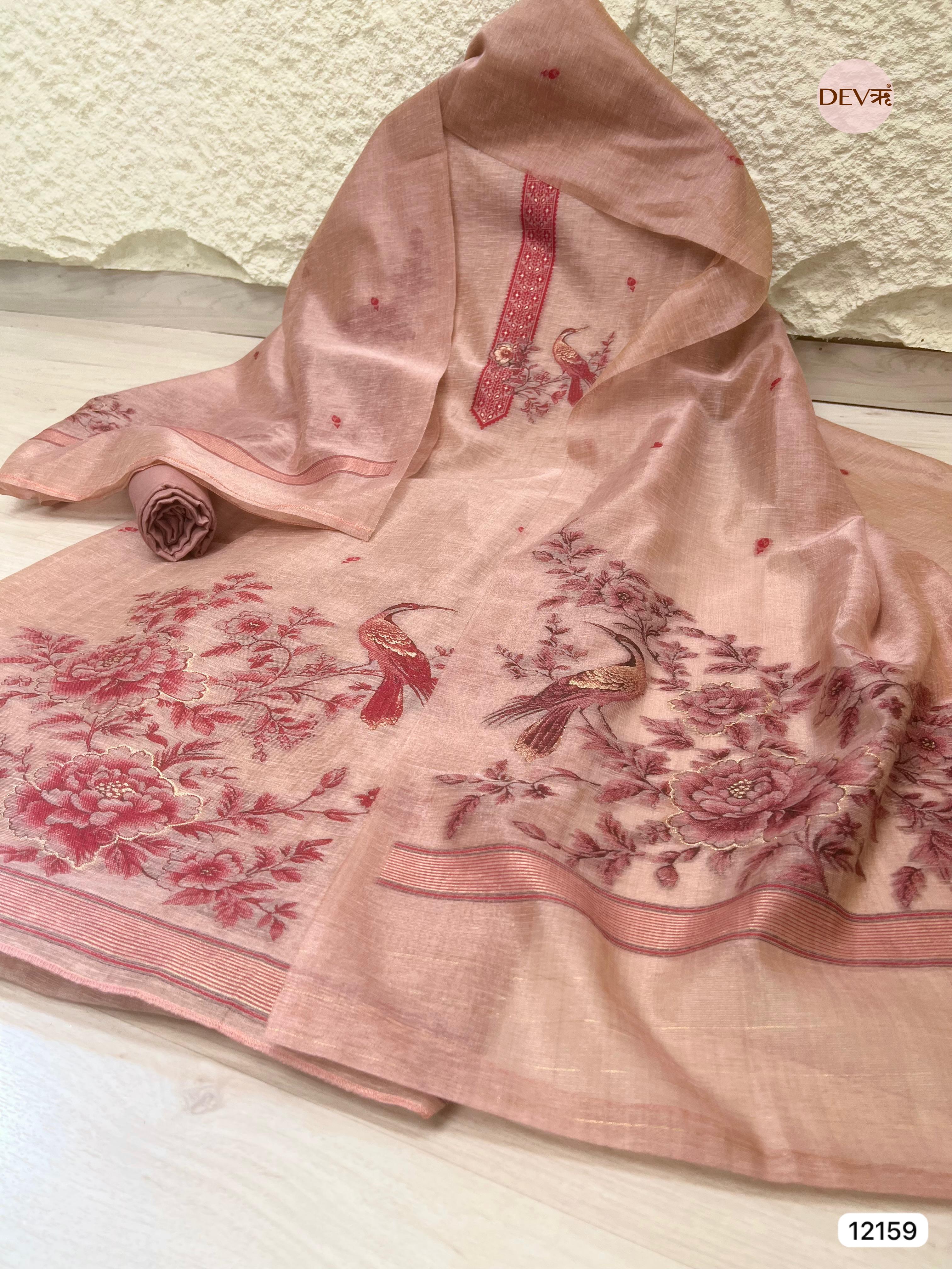 {12159} Peach Pure Jamdani Linen Unstitched - Set Of 3