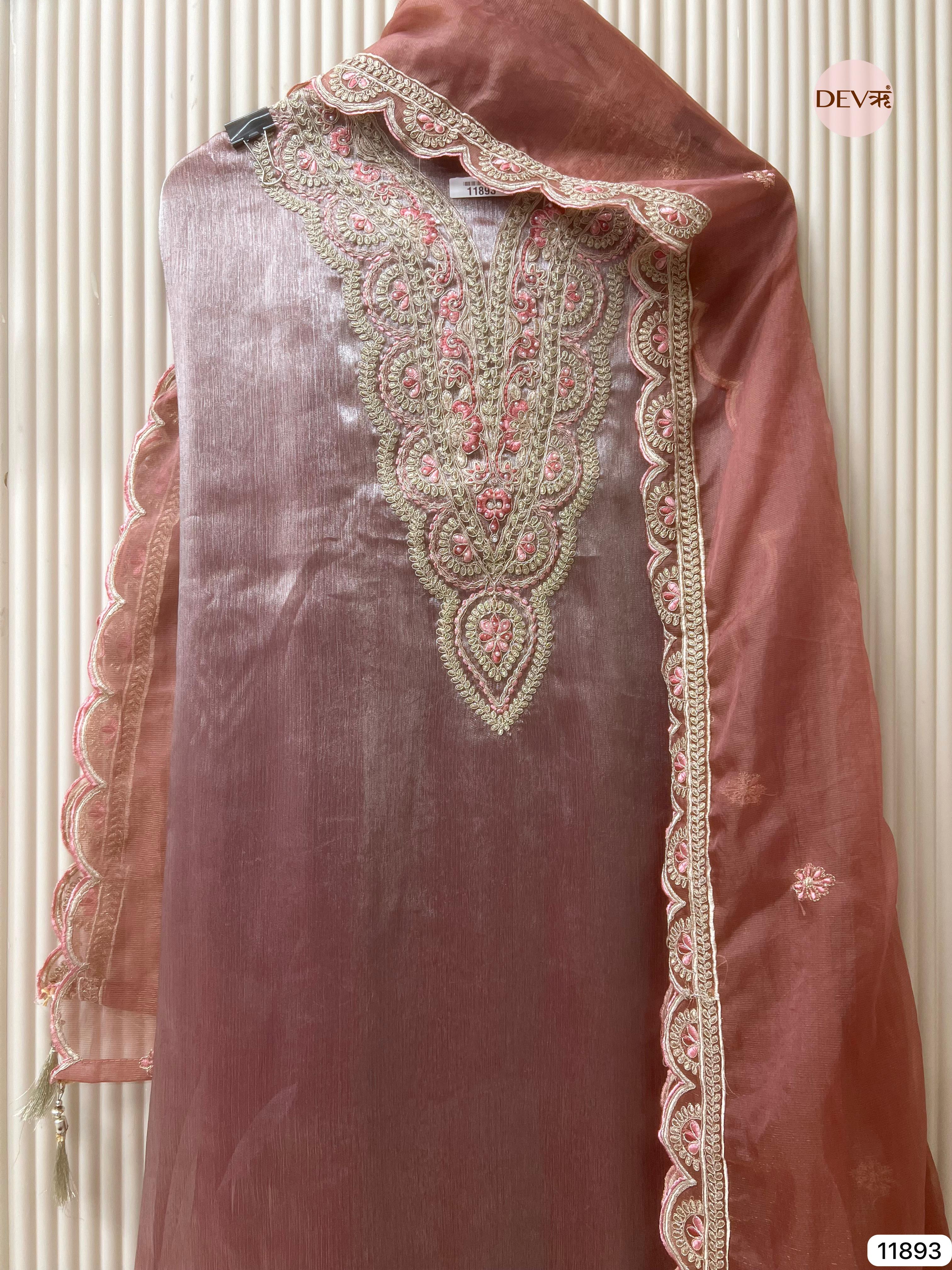Rust Tissue Shimmer Silk Unstitched Printed Embroidered -Set Of 3- {11893}