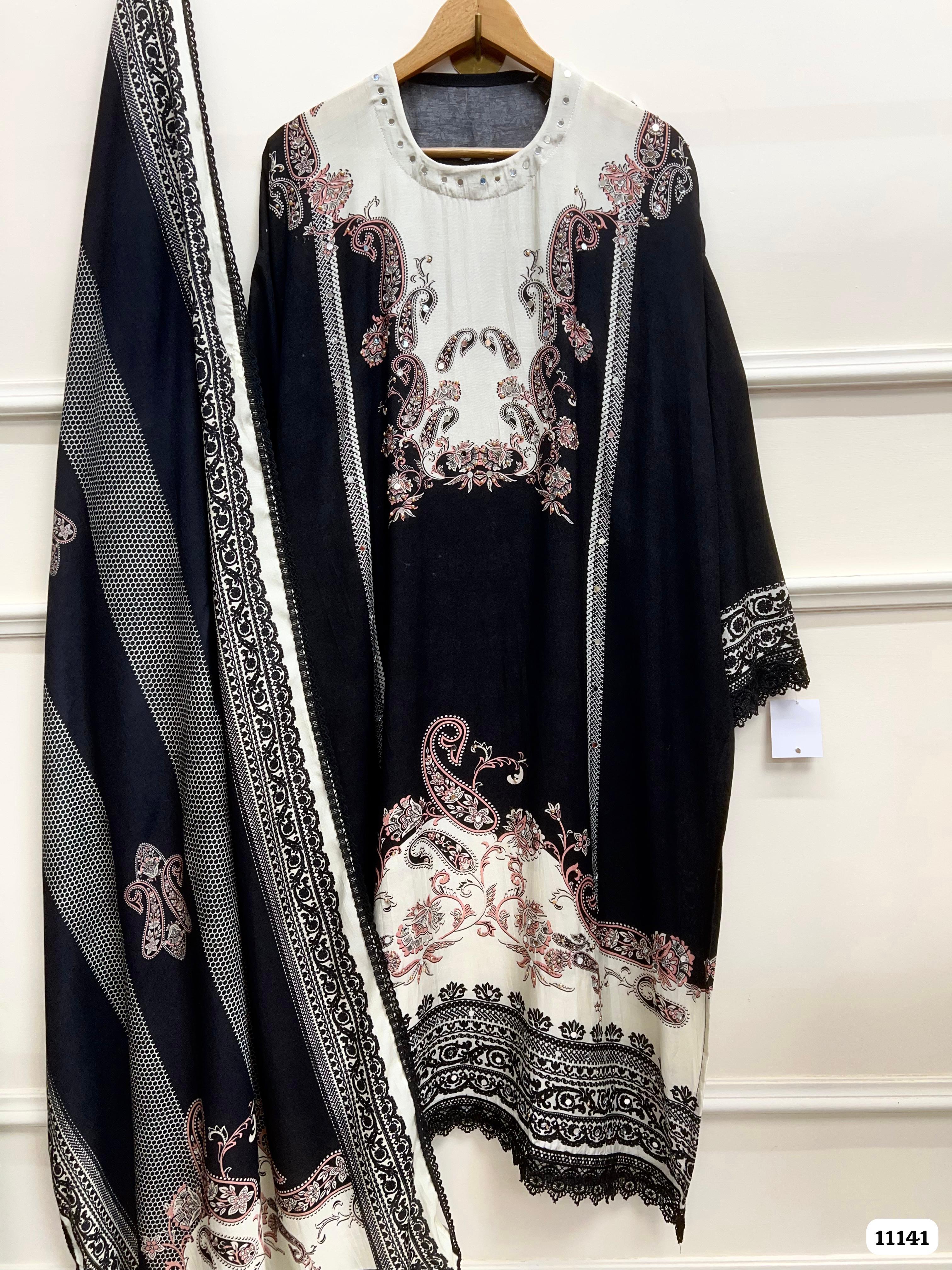 Black Muslin Semi Stitched Printed -Set Of 3 {11141}