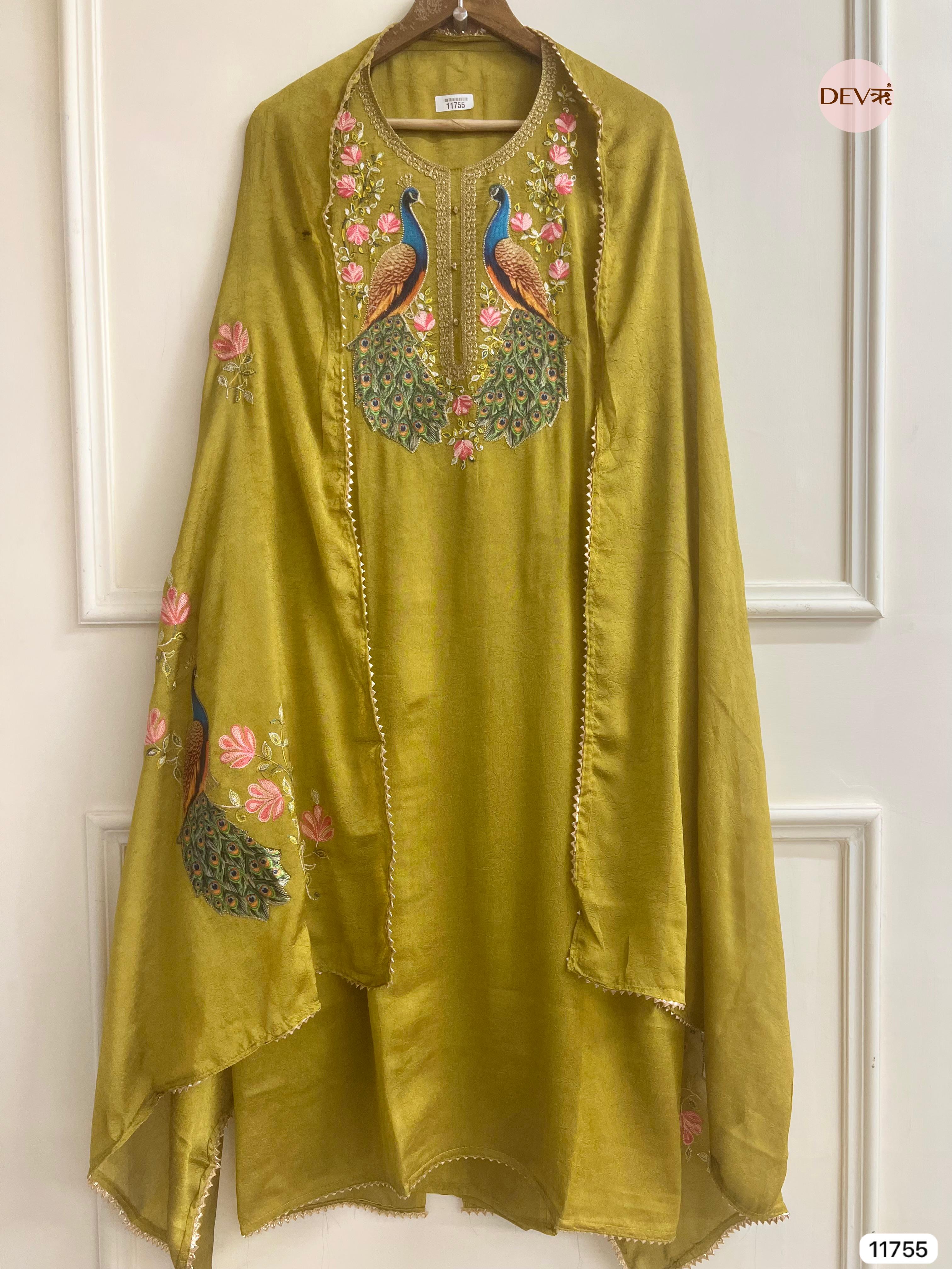 Olive Green Russian Silk Unstitched Hand Applique Work Embroidered -Set Of 3- {11755}