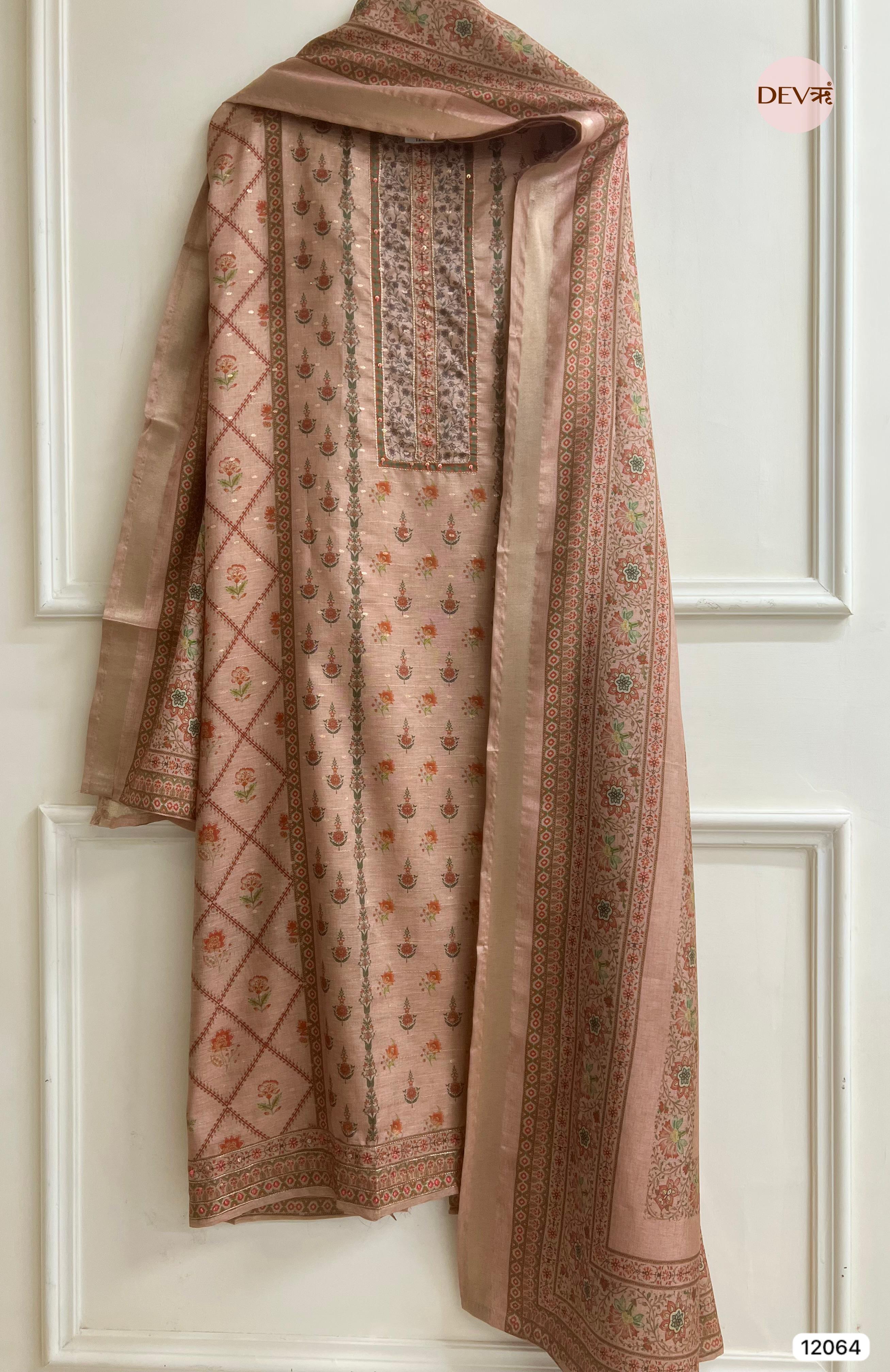 Brown Raw Handloom Silk Unstitched Designer Printed With Hand Embroidery -Set Of 3 - {12064}