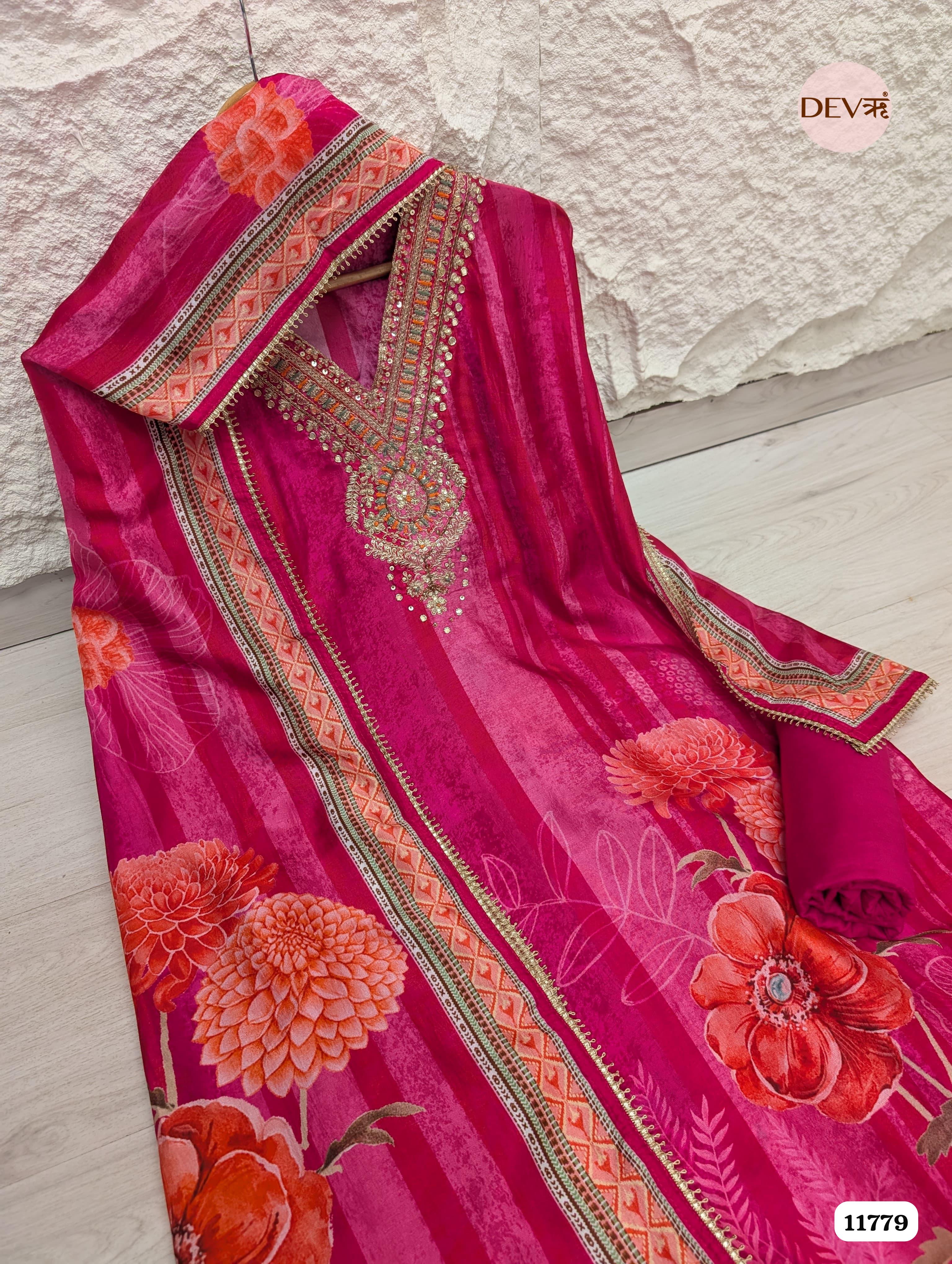 Rose Pink Russian Silk Printed Unstitched Hand Embroidered -Set Of 3 {11779}