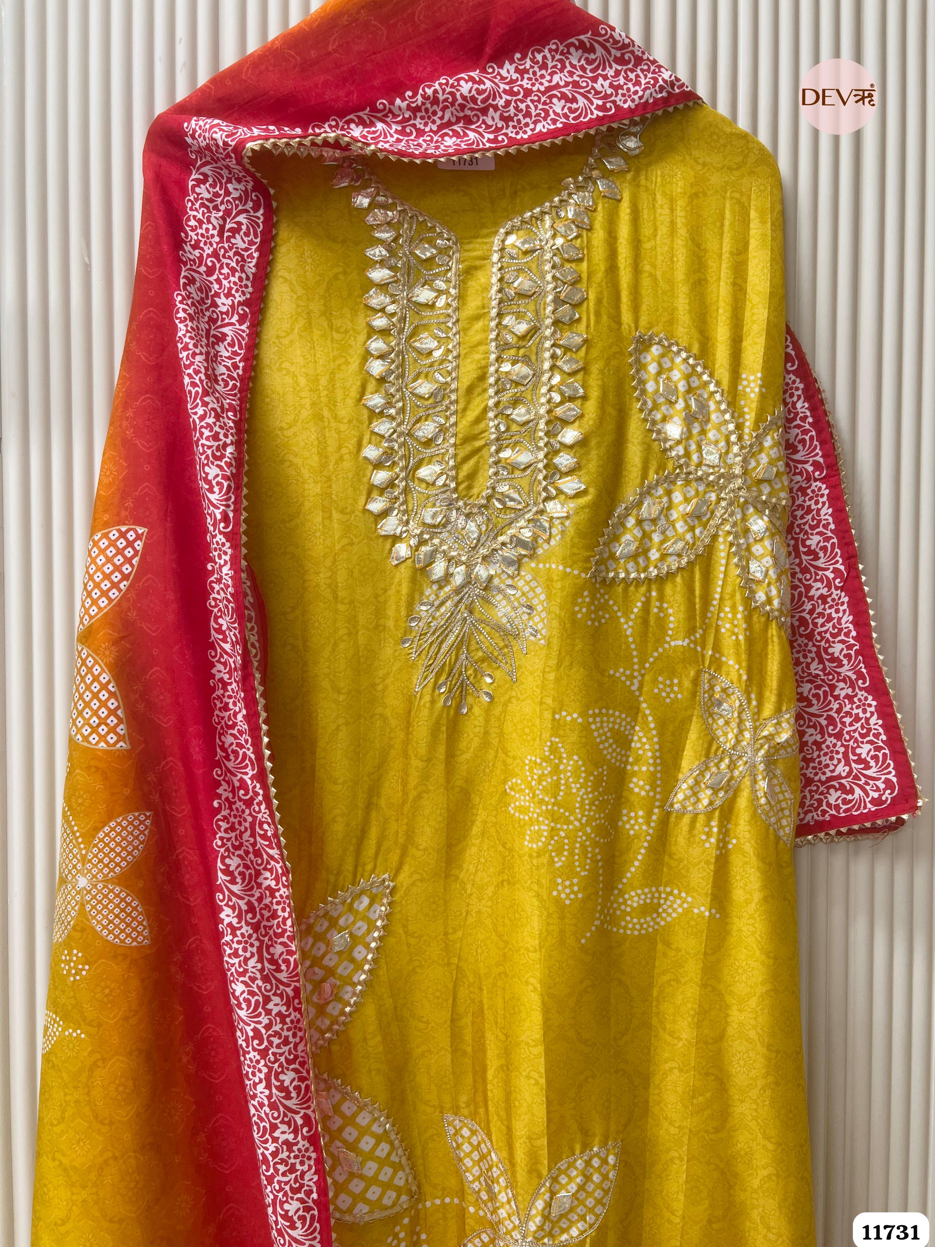 Yellow Russian Silk Semi Stitched Printed Hand Embroidered -Set Of 3- {11731}