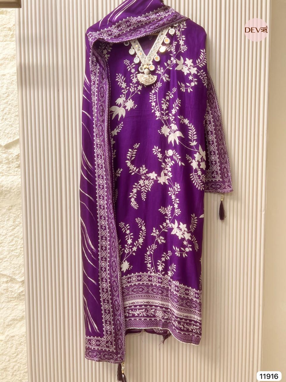 Purple Pure Russian Silk Unstitched Printed Hand Embroidered -Set Of 3 - {11916}