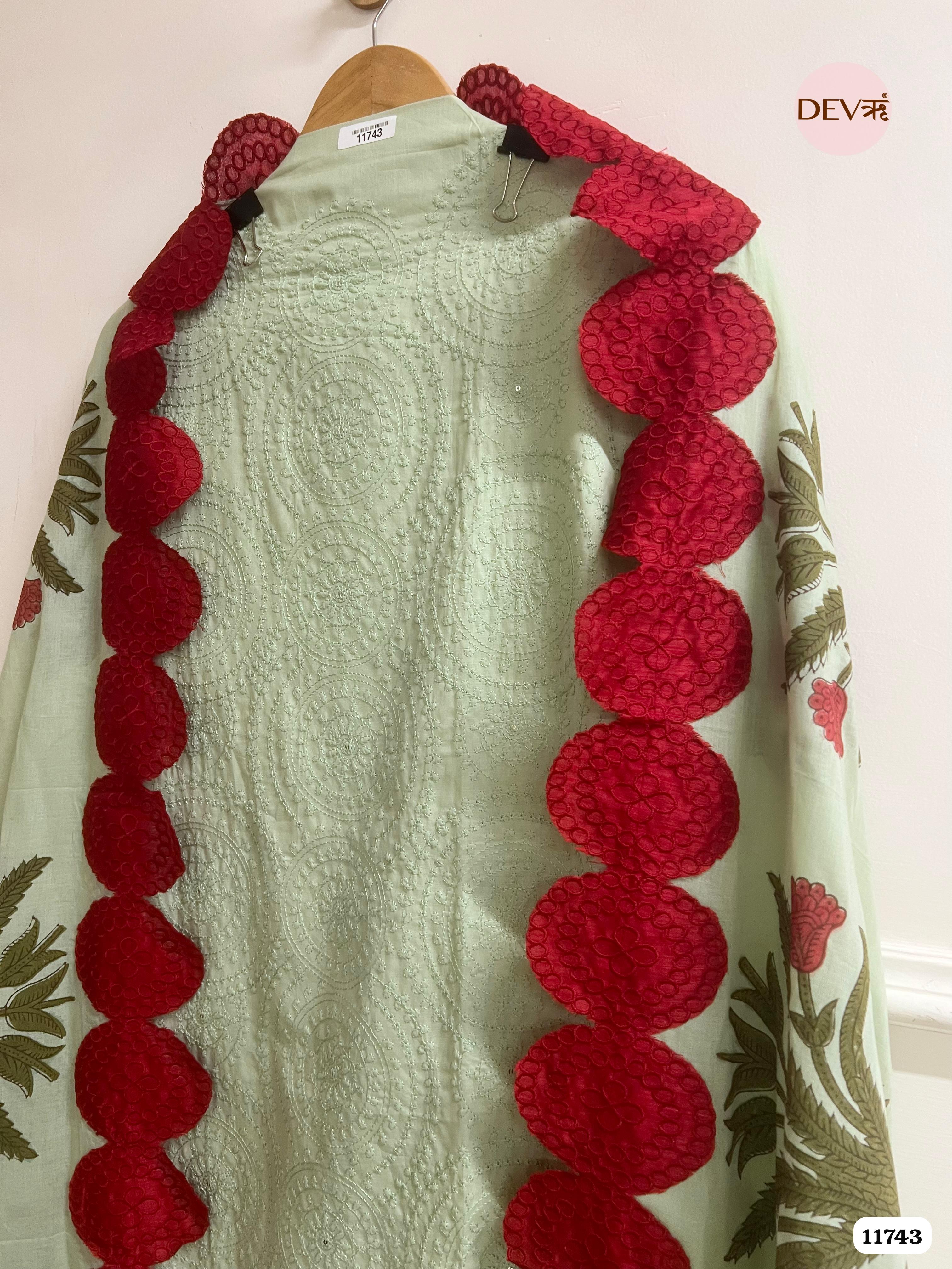 Green Pista Cotton Unstitched Embroidered -Set Of 3 {11743}