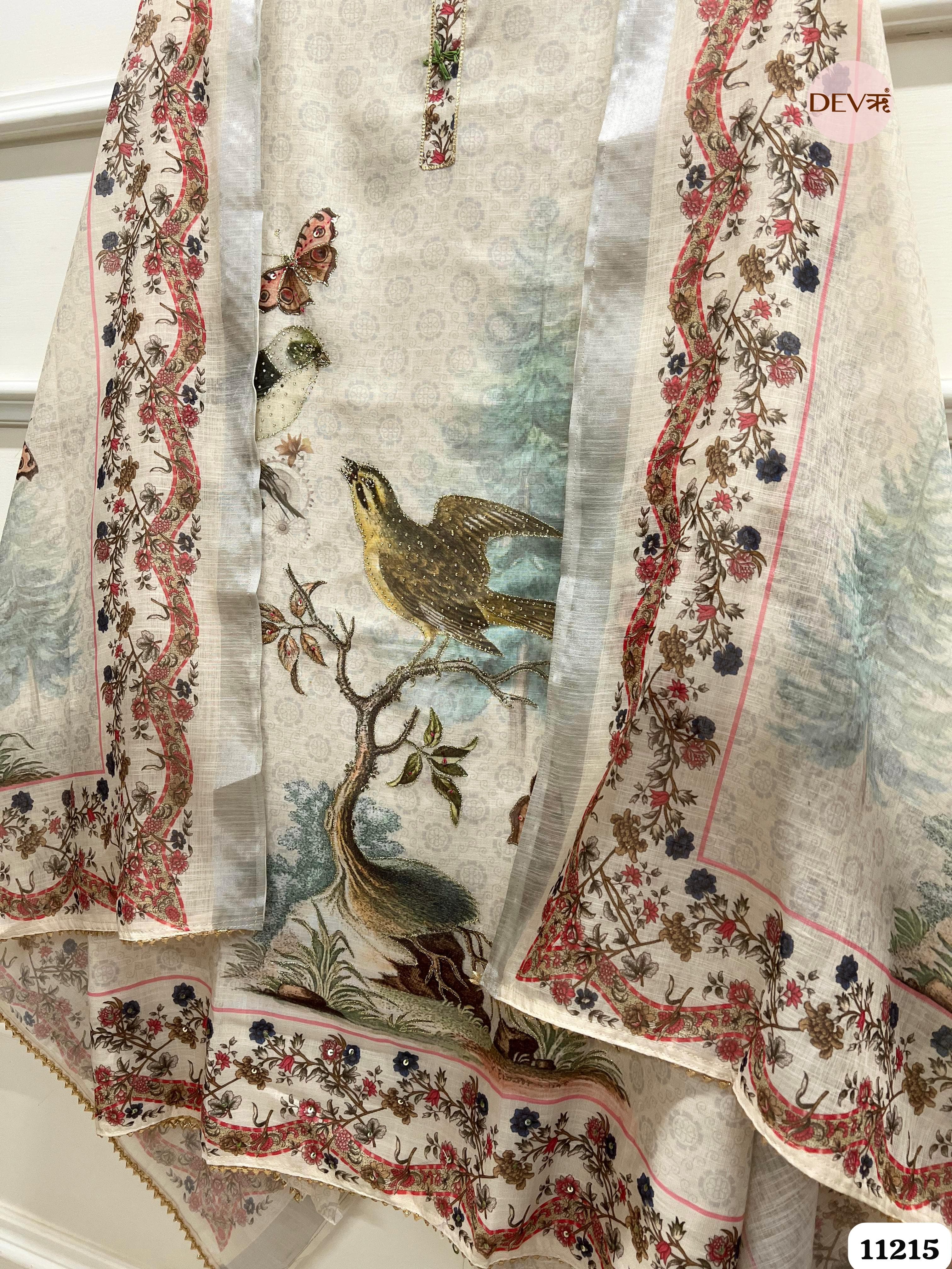 White Linen Unstitched Printed -Set Of 3